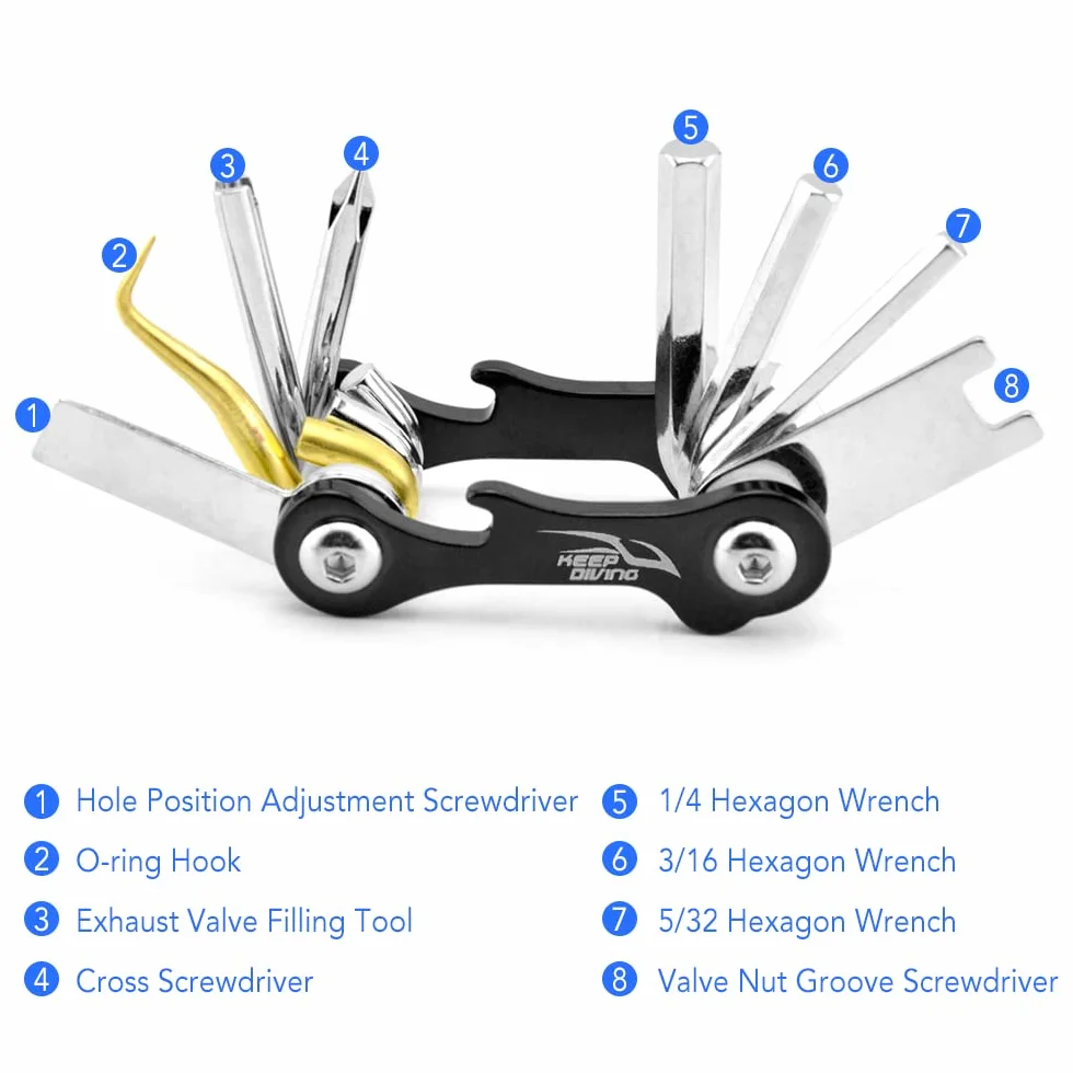 pacchetto di strumenti per immersioni,YIWENG Strumento di riparazione per immersioni subacquee 8 in 1 Strumento di immersione multifunzionale Pacchetto di strumenti per immersioni Kit di strumenti per