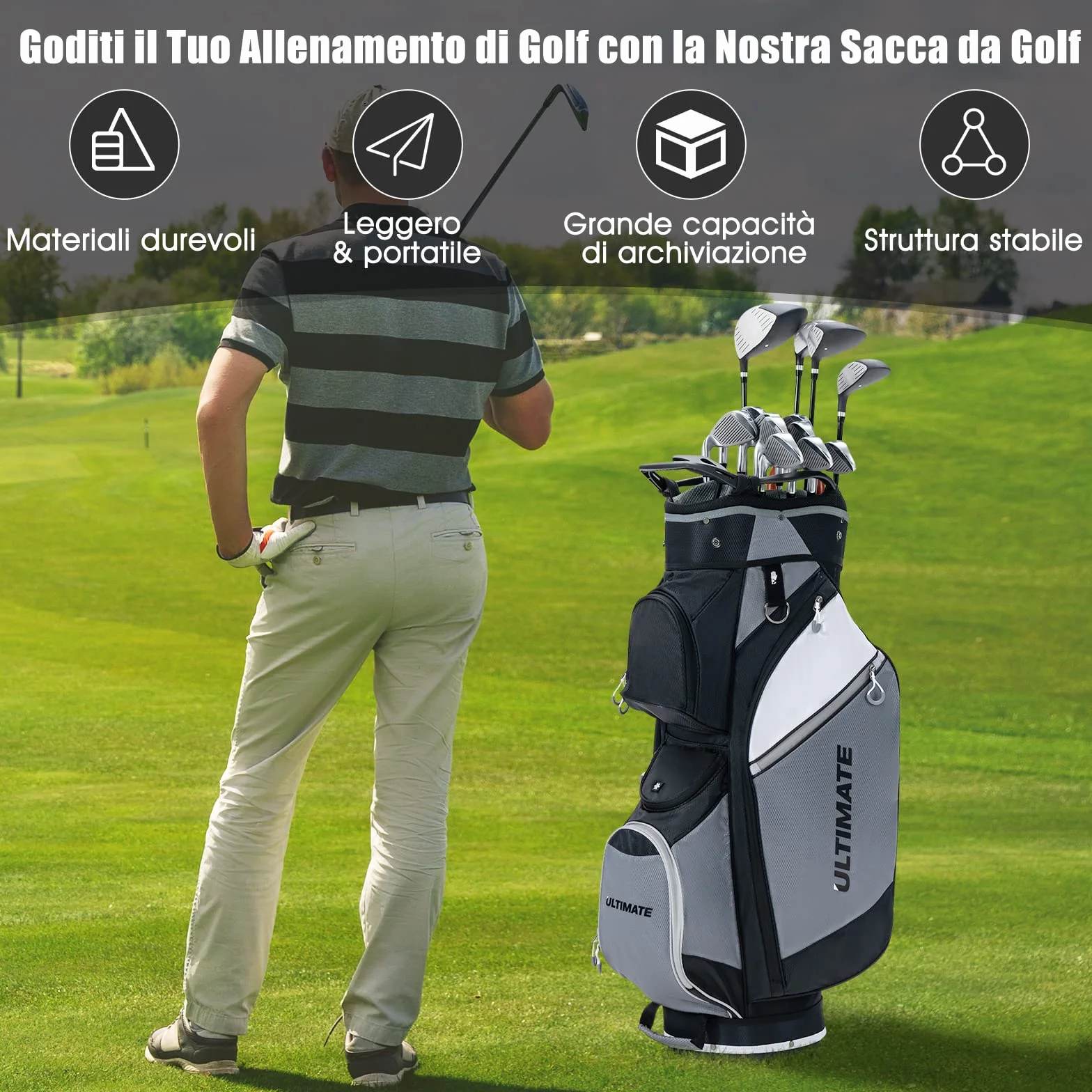COSTWAY Borsa da Golf 14 Divisori Sacca Mazze Borsa Termica Cappuccio Impermeabile Maniglie Tracolla Nero Grigio