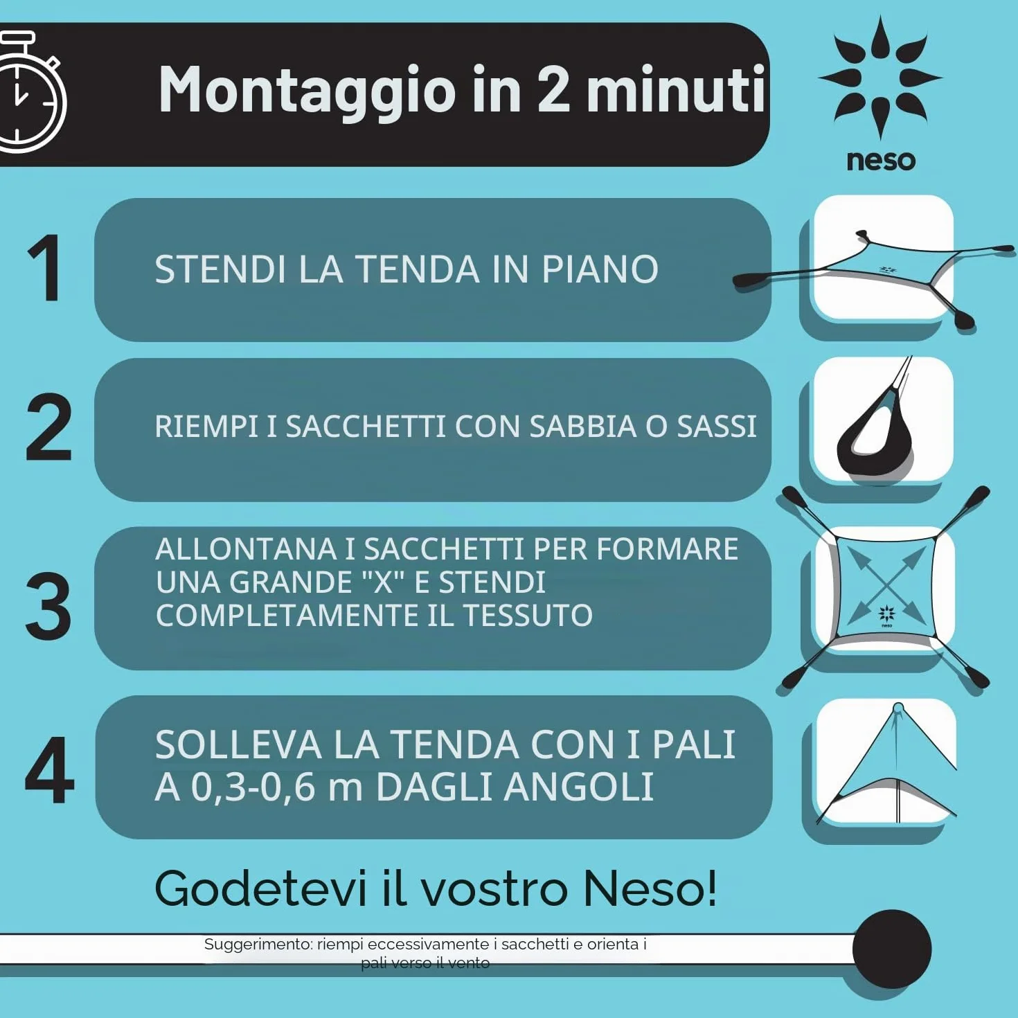 Tenda da spiaggia Neso Tents con ancoraggio a sabbia, parasole portatile - 2.1m x 2.1m - Angoli rinforzati brevettati (Blu Pervinca)