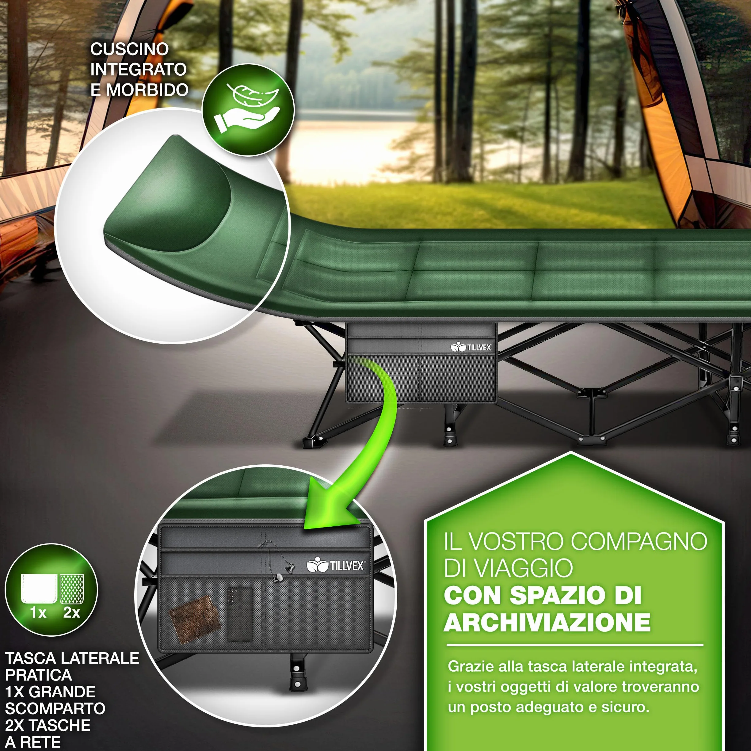 tillvex® Letto da campeggio pieghevole con borsa trasporto 200 kg extra largo