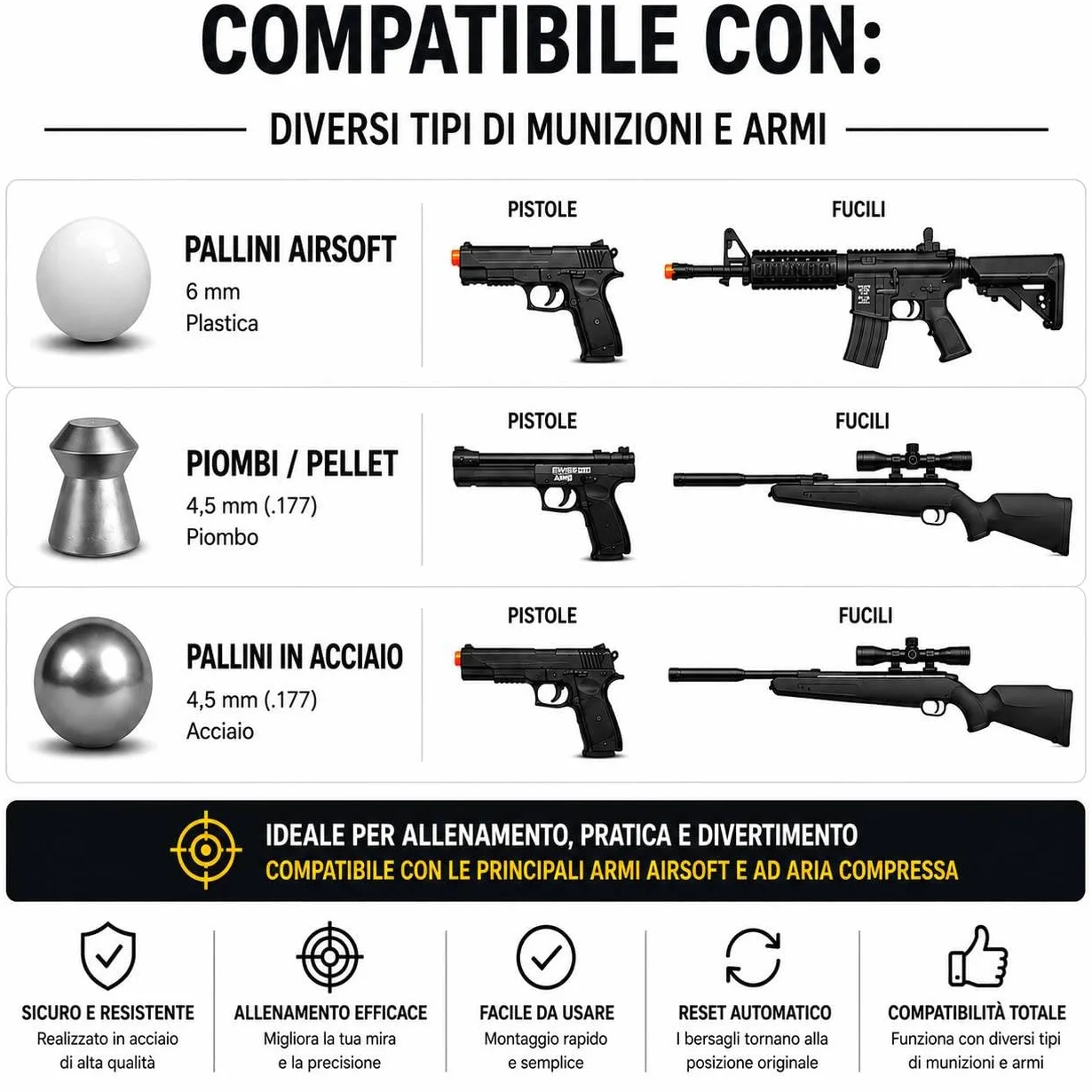 Bersaglio Metallico Mobile 8 Target Girevoli Pannello Fisso 14x14 cm Tiro Sportivo Aria Compressa Airsoft