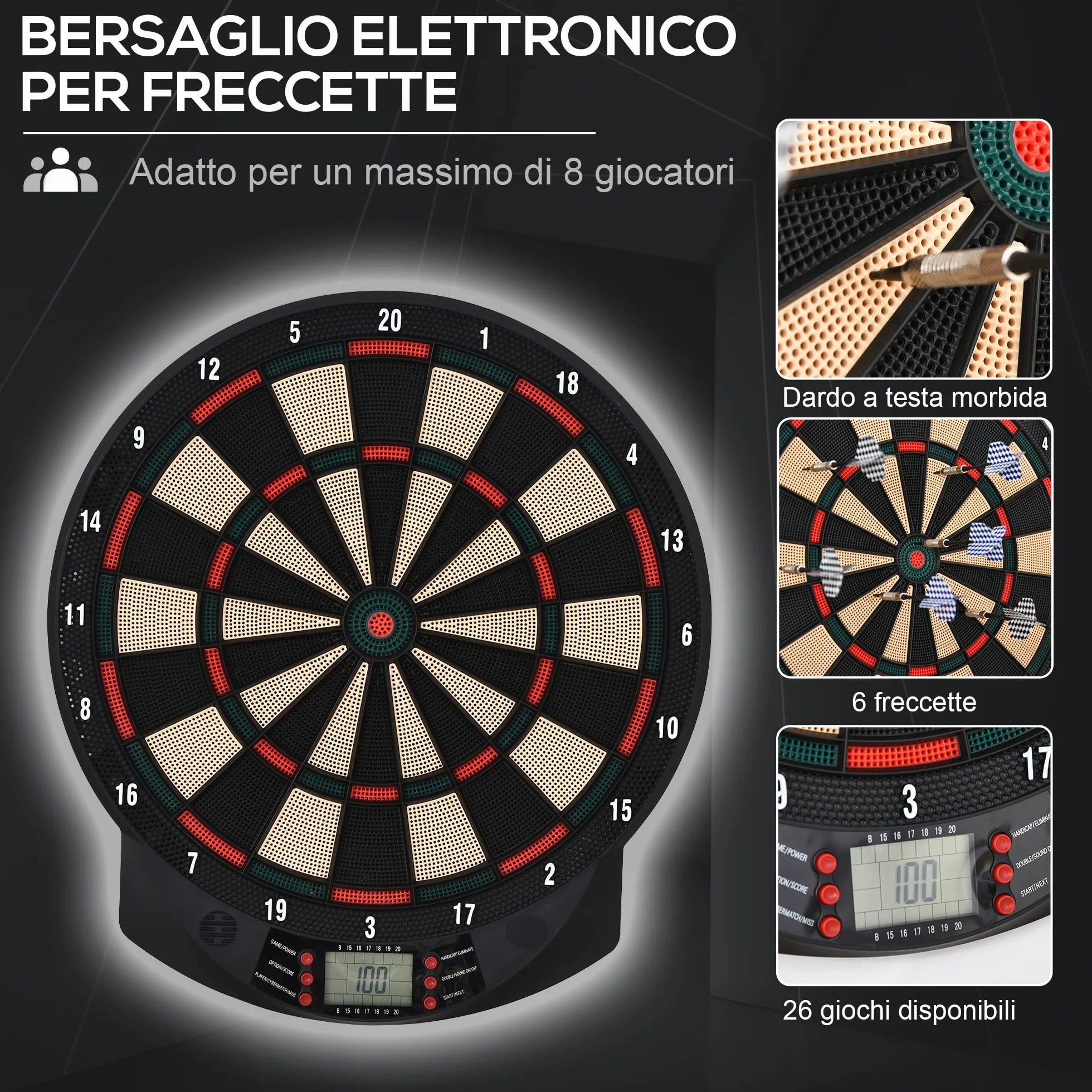 HOMCOM Bersaglio a Freccette Elettronico PP 26 Giochi 185 Opzioni Punteggio 44x39.5x2.2cm Nero