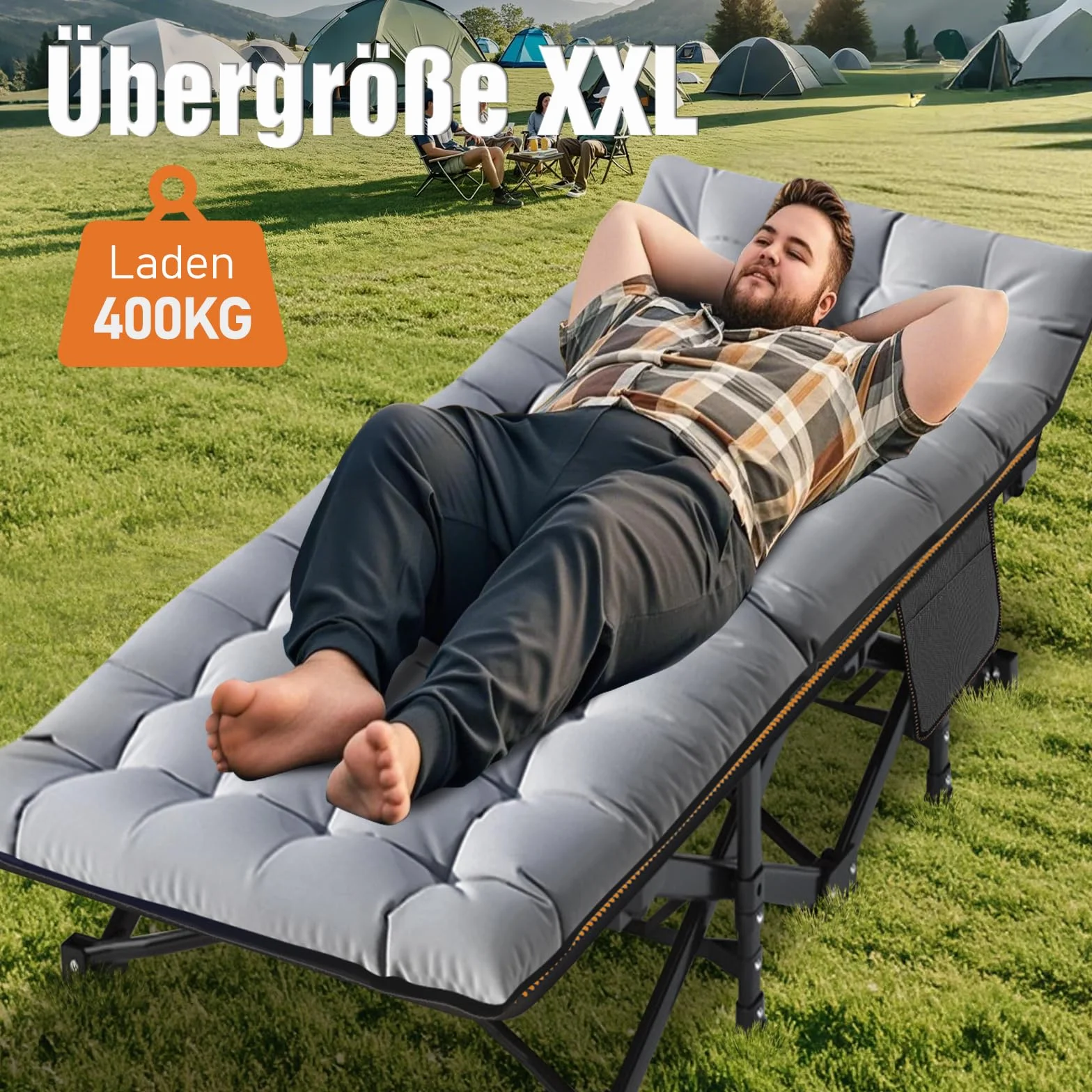 Letto pieghevole oversize con materasso 198x81x46 cm 46 cm larghezza 400 kg telaio acciaio resistente tessuto Oxford XXL grigio