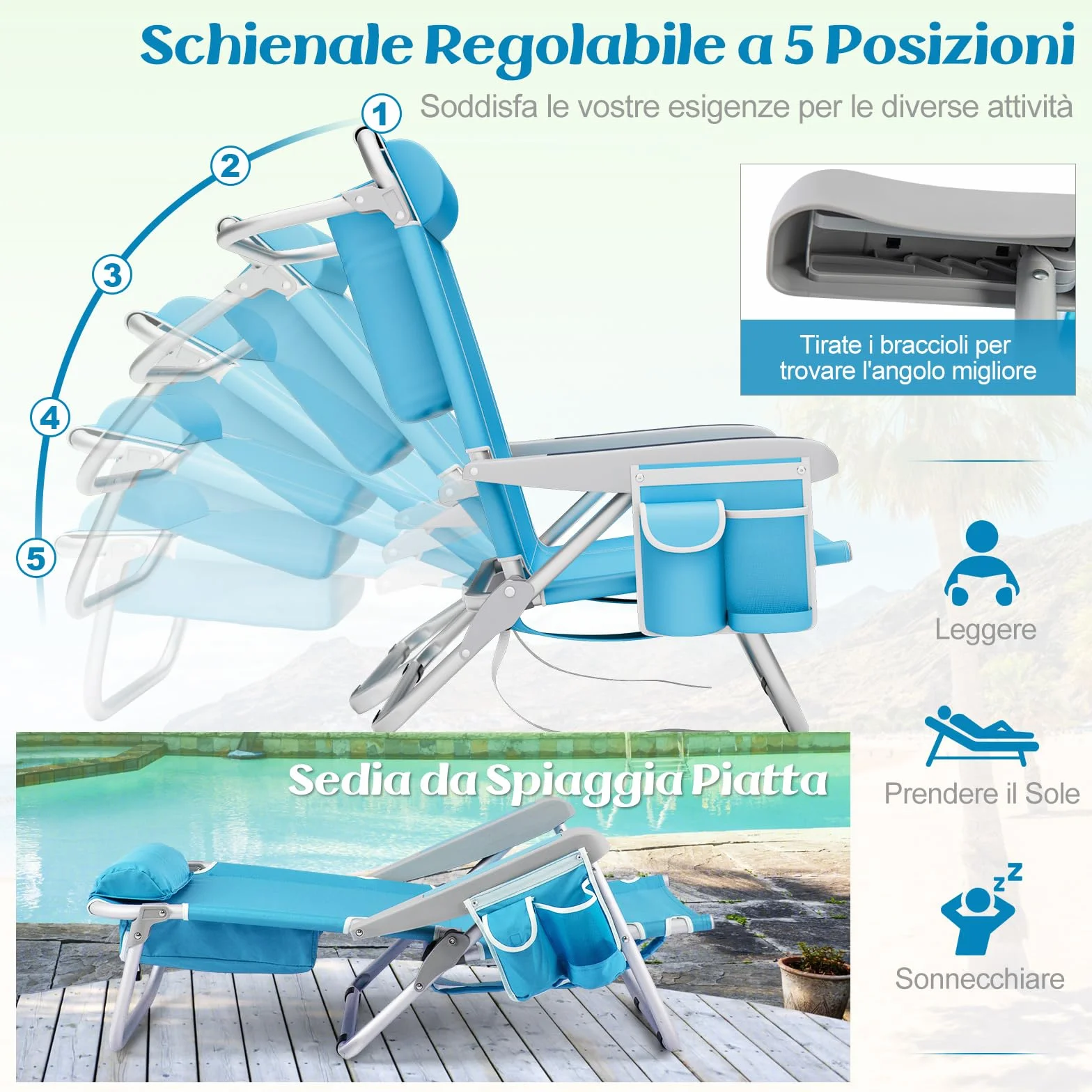 COSTWAY Set di 2 Sedie da Spiaggia Pieghevole a 5 Posizioni con Portabicchieri e Cuscino, Portata 150 kg Azzurro