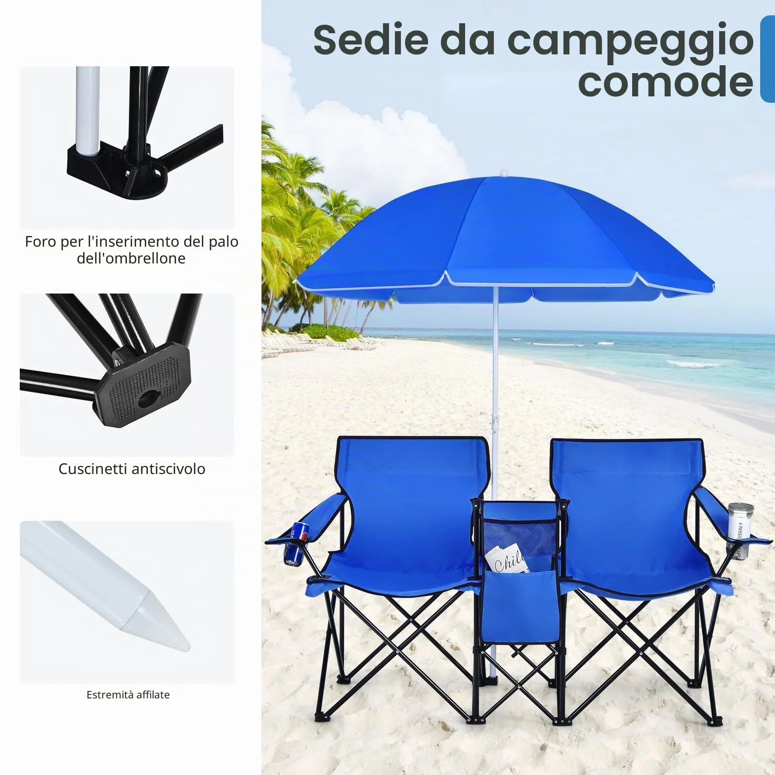 KOMFOTTEU Sedia Pieghevole da Campeggio Doppia, 2 Sedie da Esterno con Tettuccio Parasole Regolabile, Borsa Frigo e Portabevande (Blu)