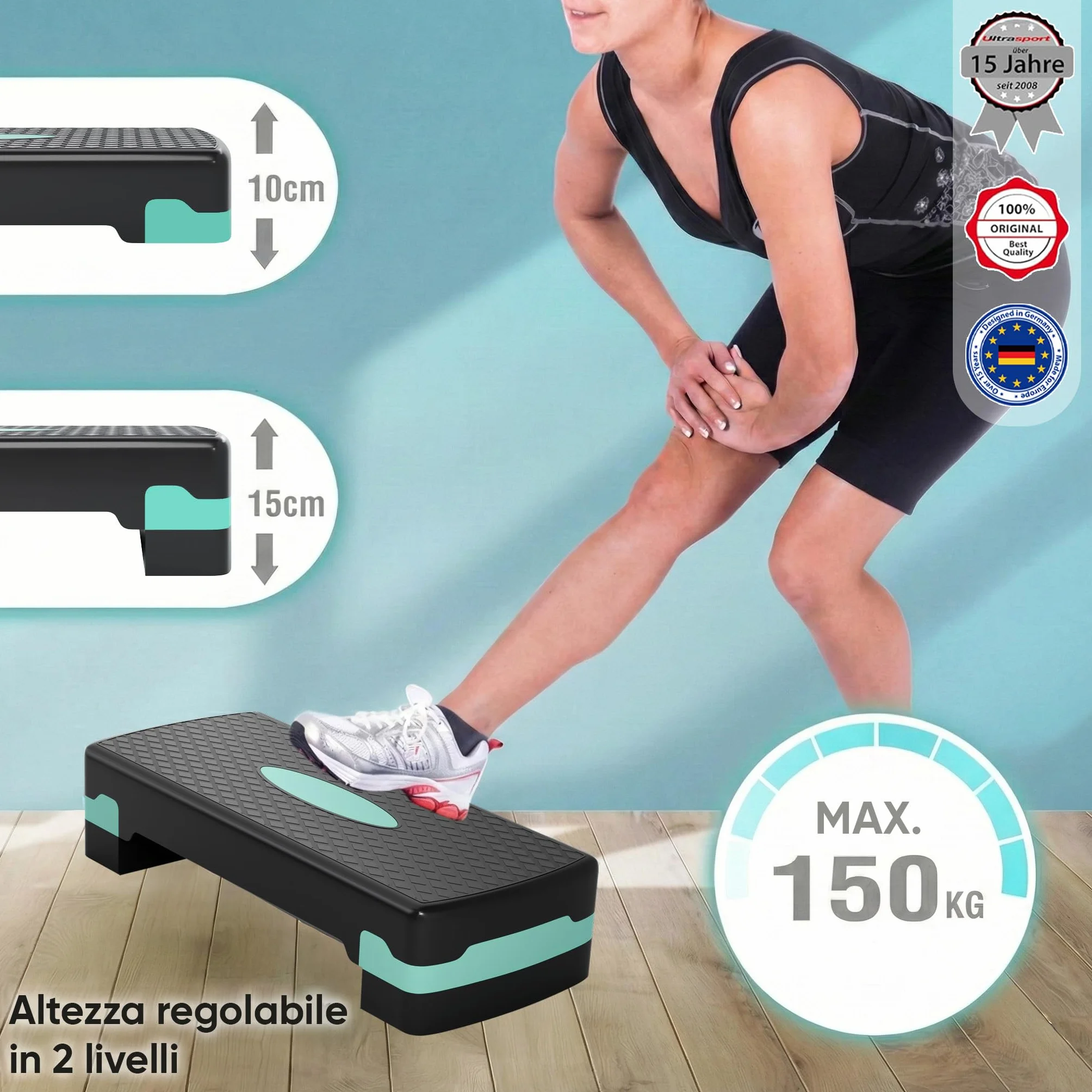 Ultrasport Step Fitness Aerobica Stepper Casa Antiscivolo Regolabile 2 Altezze Stepboard 68x28 cm Verde