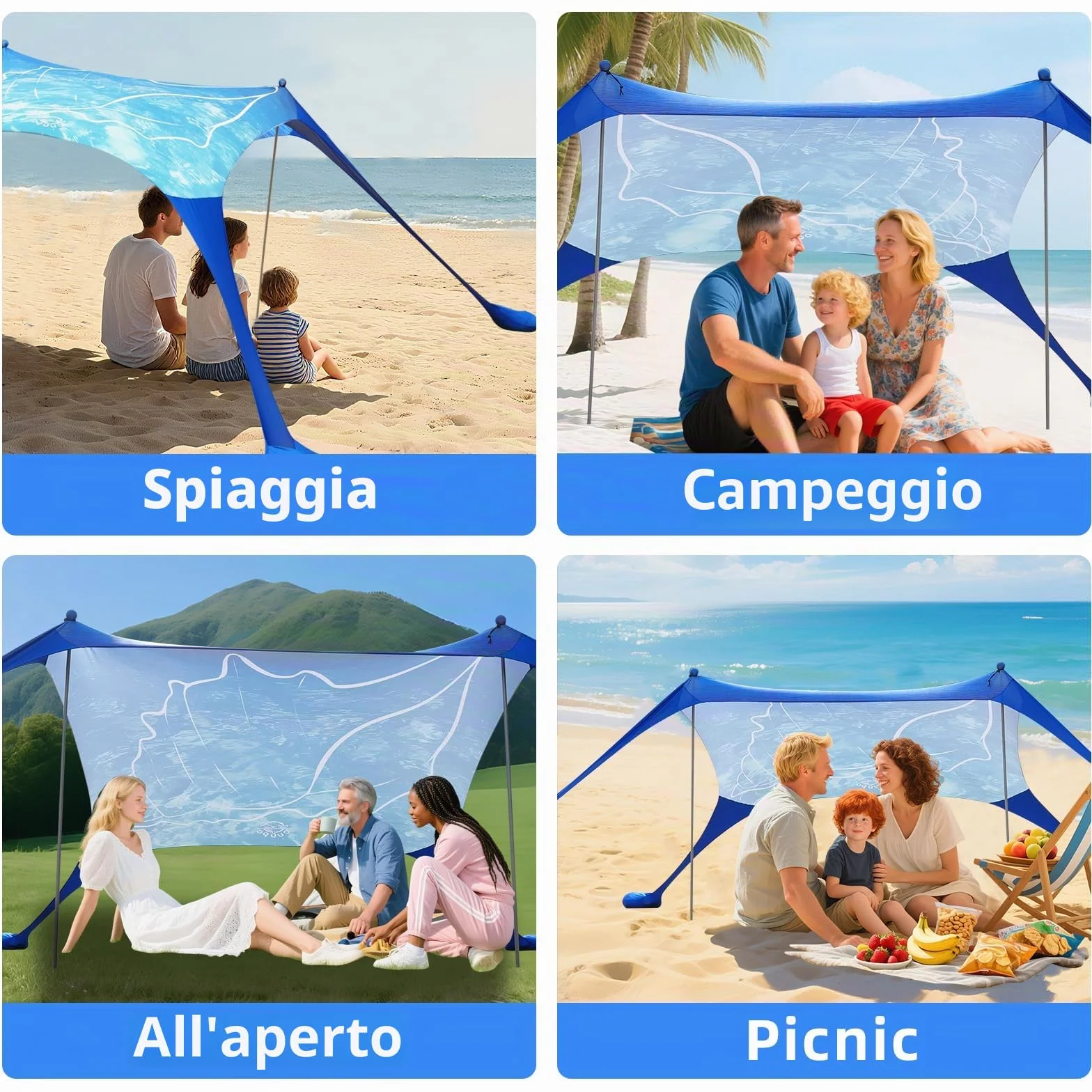 Tenda da spiaggia Pop Up 160 x 200 cm stampa 3D piccola protezione solare UPF50, per esterni, cortile, spiaggia, campeggio, con aste di stabilitàConchiglia blu