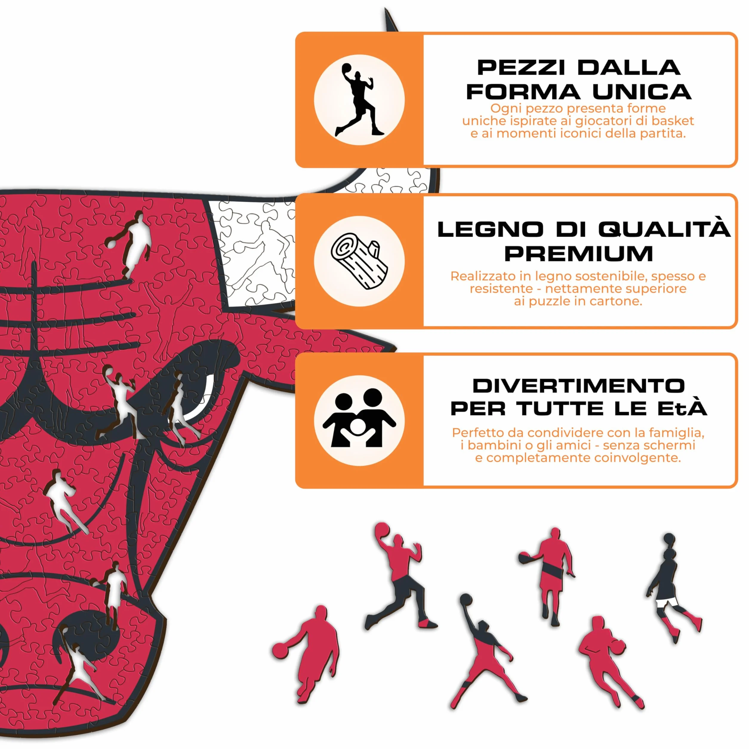 Iconic Puzzles Chicago Bulls Logo Puzzle Legno Ufficiale NBA 150 Pezzi Sostenibile