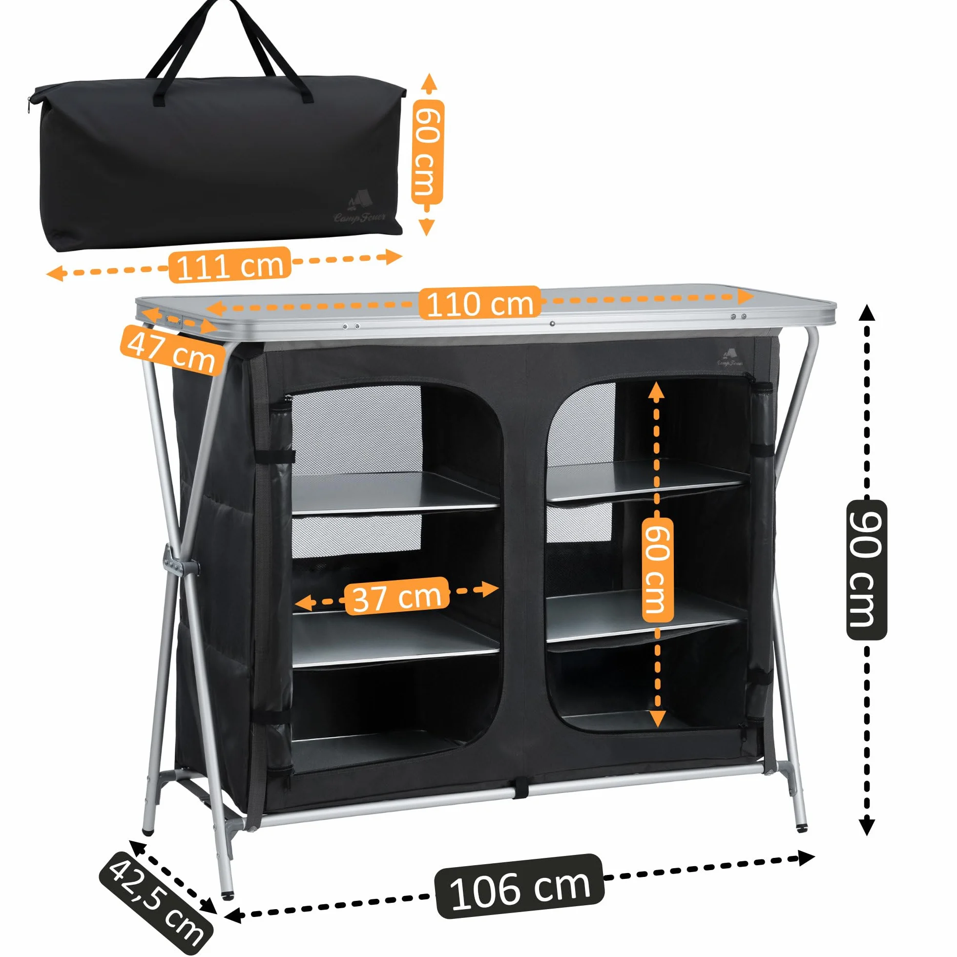 CampFeuer Armadio da campeggio pieghevole 110x47x90 cm Cucina da campeggio 2 aperture cerniera Scaffale da campeggio alluminio