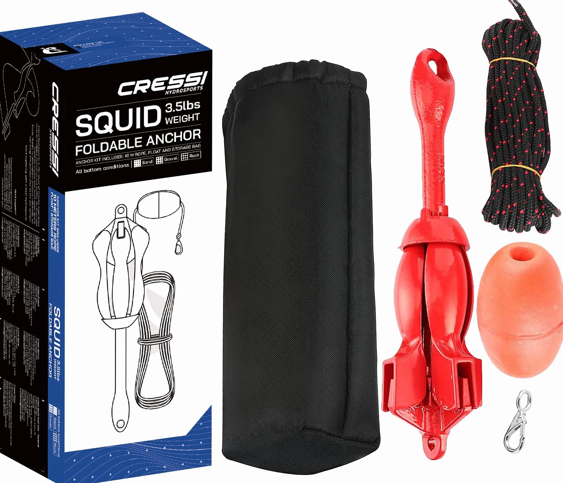 Cressi Squid Ancora Pieghevole per SUP Kayak e Gommone con Cima 10m Galleggiante Moschettone, Accessori Nautica per Tavola SUP Gonfiabile Barca Canoa e Kayak da Pesca