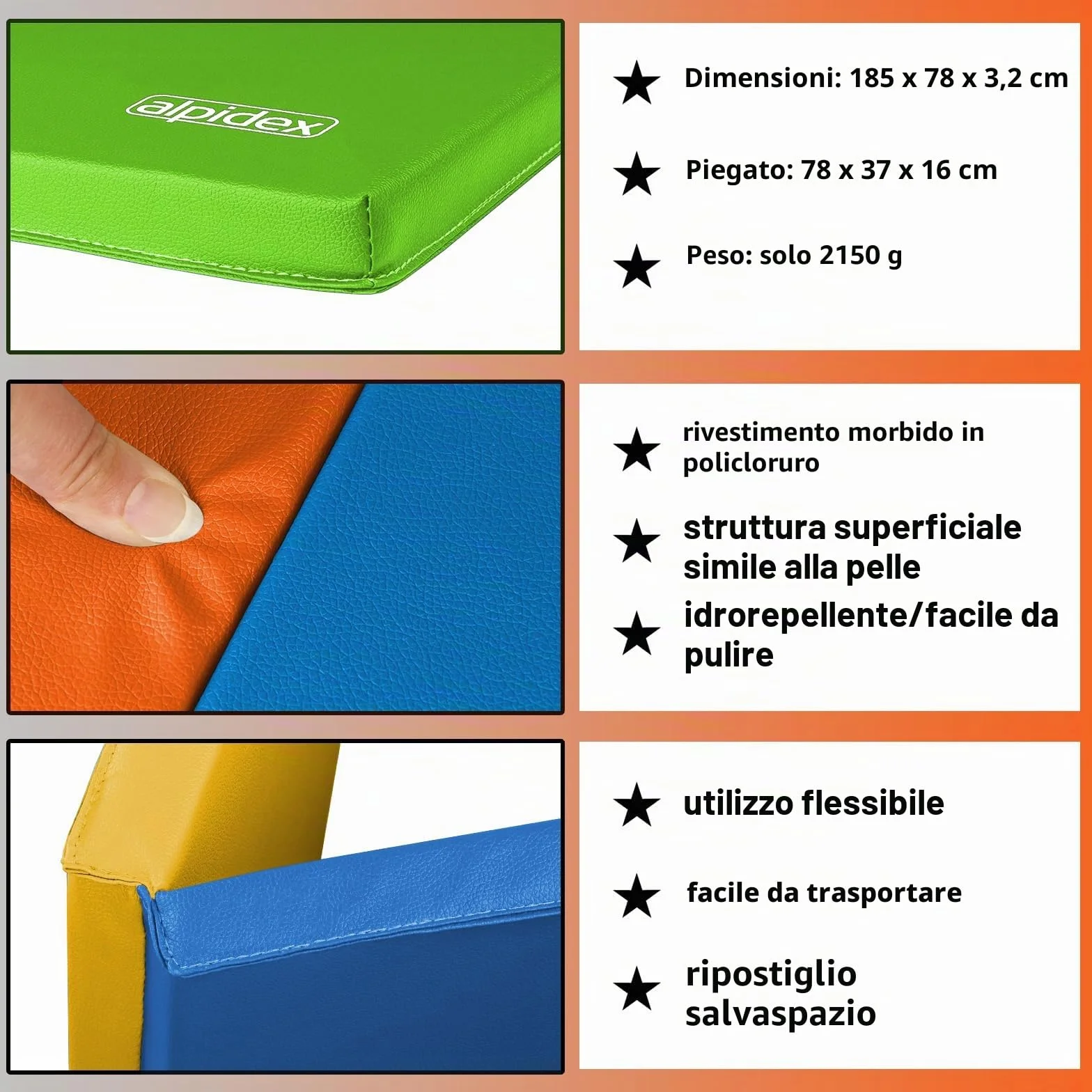 ALPIDEX Tappetino da ginnastica 185 x 78 x 3,2 cm pieghevole pavimento sportivo ginnastica palestra materassino fitness tappeto sport yoga mat gym bambini adulti