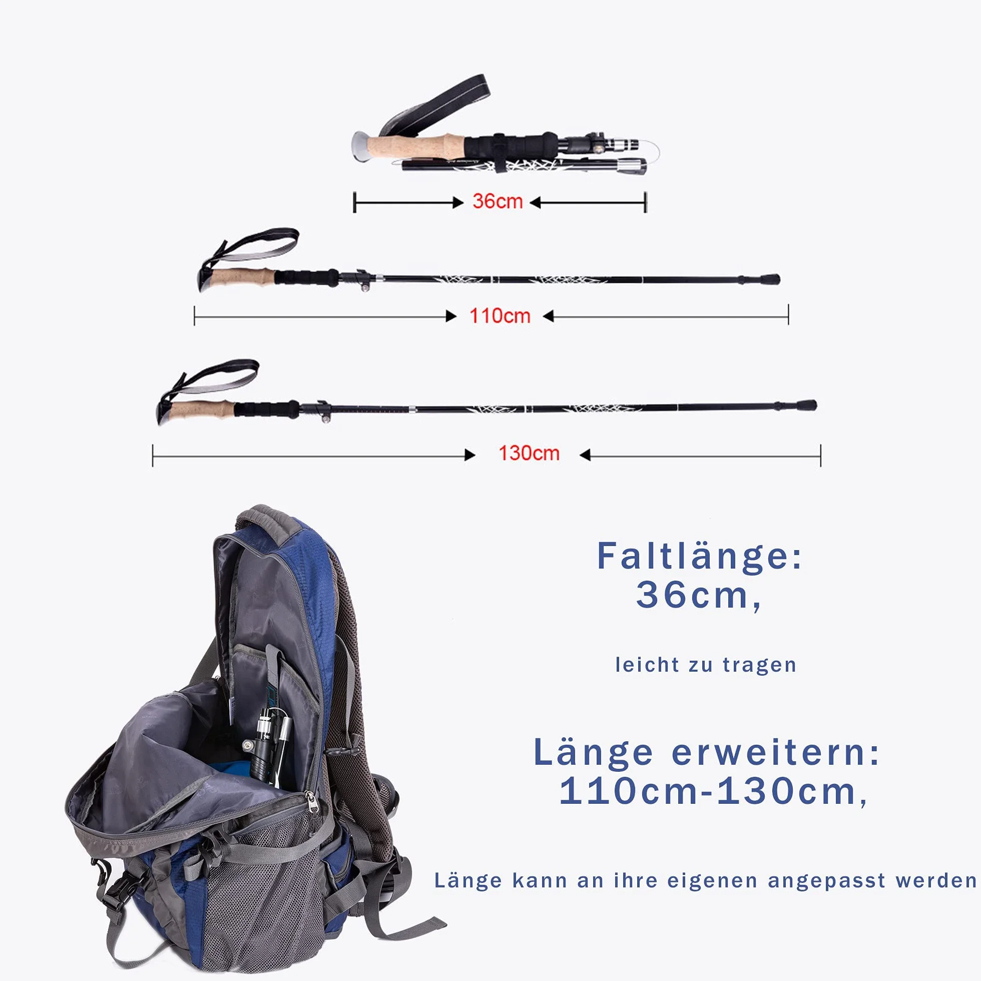 Bastoni Trekking 2 Pezzi Bastone da Trekking e Camminata Nordica Pieghevoli 36-130cm Alluminio Nordic Walking