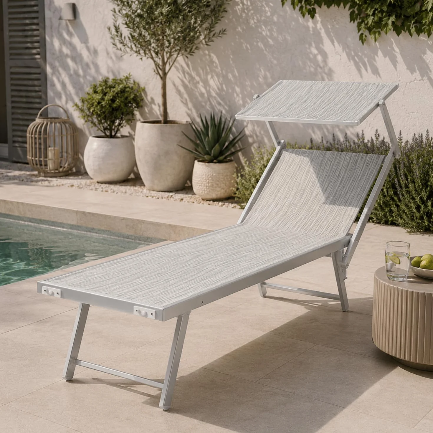 PALUPLUS Lettino Prendisole Professionale in Alluminio, Misura 186x61x40 cm, Tessuto Textilene, con Tetto Parasole e Schienale Regolabile, per Spiaggia, Lido, Piscina, Portata 150Kg -8441F (Grigio)