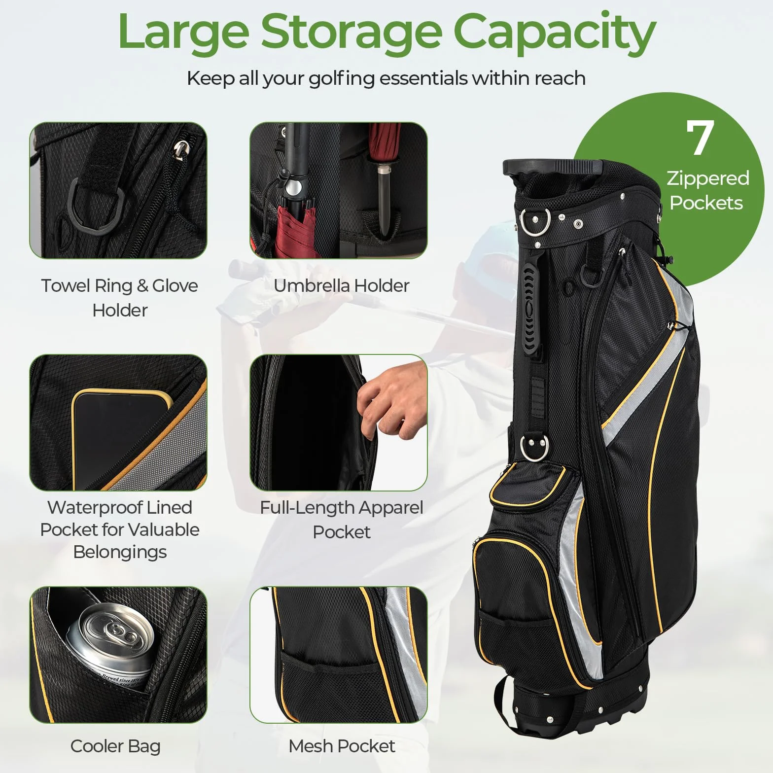 LIFEZEAL Borsa Porta Mazze da Golf 9 Pollici, Sacche con Cavalletto, 8 Scomparti, 3 Tubi in Fibra, Leggera 2,3 kg, 28 x 21 x 89,5 cm