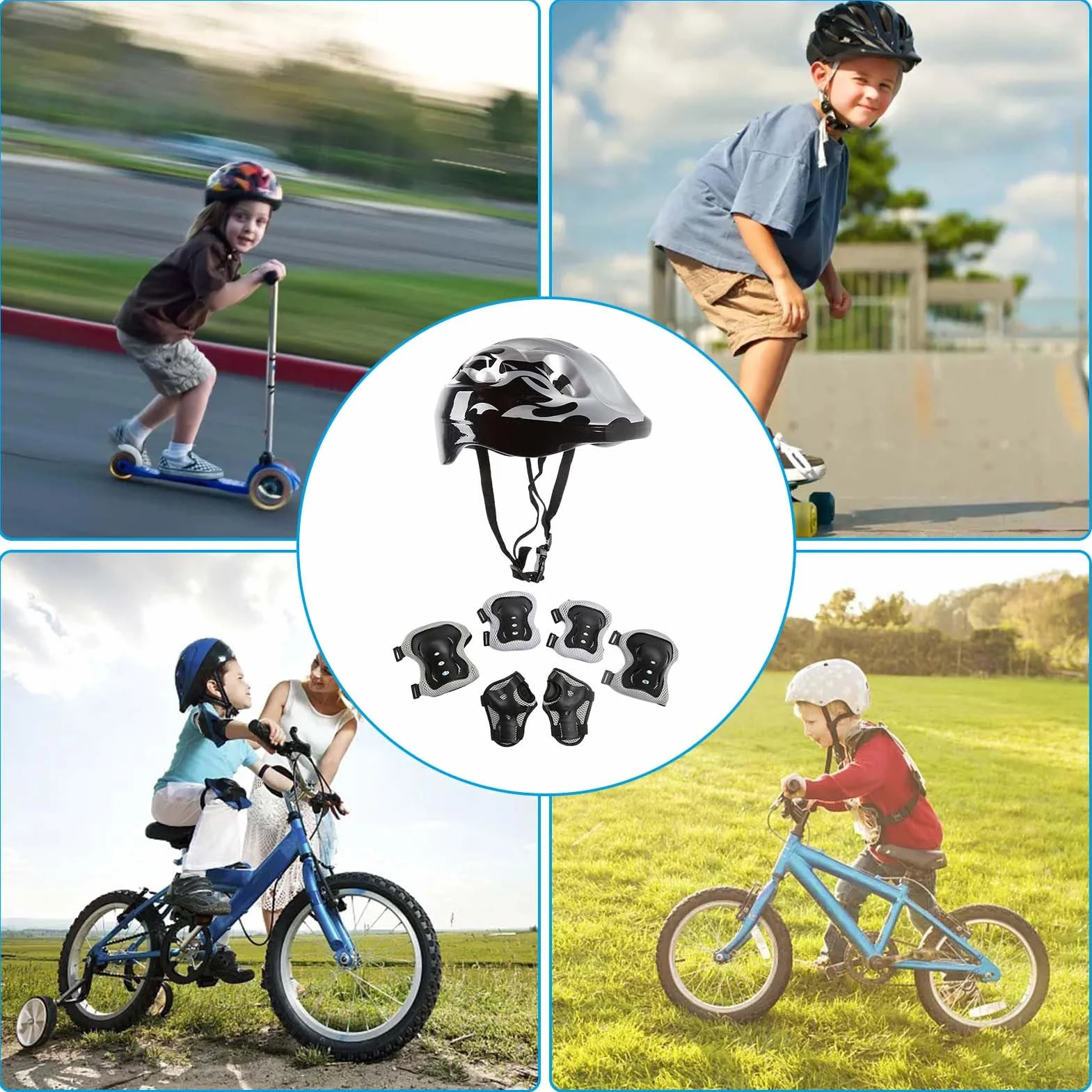 Ginocchiere per bambini con casco 7 pezzi equipaggiamento protettivo 3-10 anni per pattini skateboard bicicletta