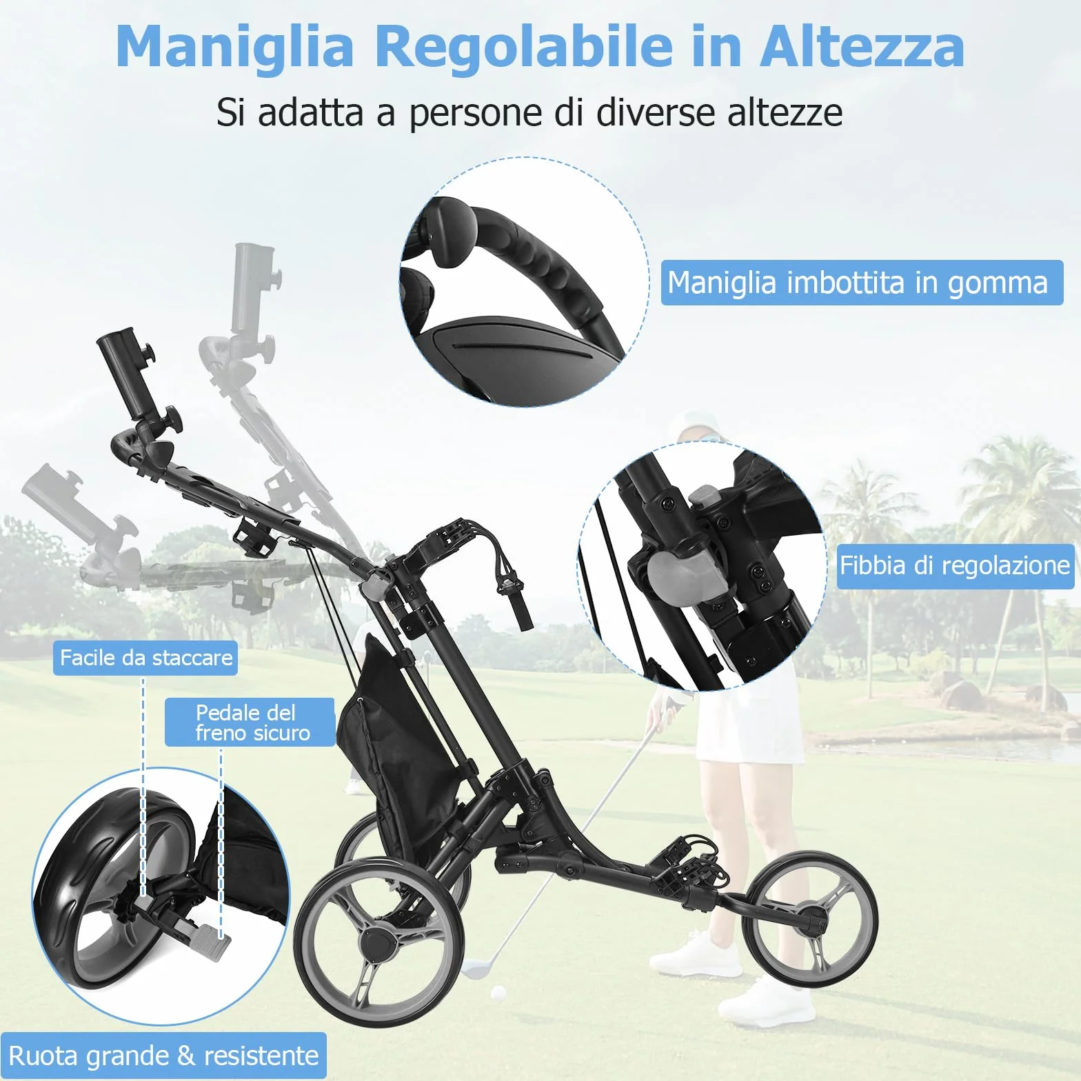 COSTWAY Pieghevole Carrello da Golf 3 Ruote Alluminio Cinghia Elastica Portaombrello Porta Bicchiere Segnapunti Freno a Pedale