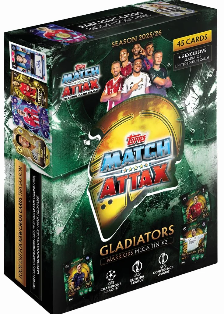 Topps UCC Match Attax 2025/26 Mega Lattina Warriors 45 carte Match Attax Plus 3 carte esclusive Gladiators LE