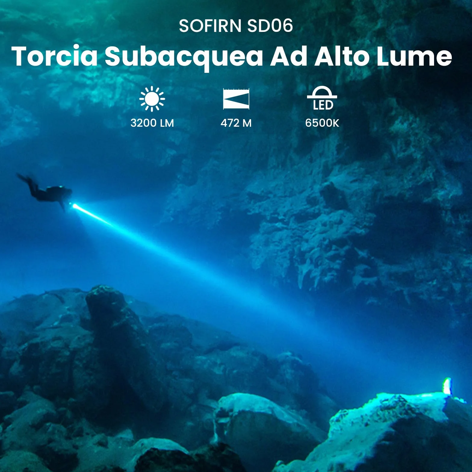 Sofirn SD06 Torcia Subacquea 3200LM 472M IPX8 6500K Professionale con Blocco e Interruttore Magnetico