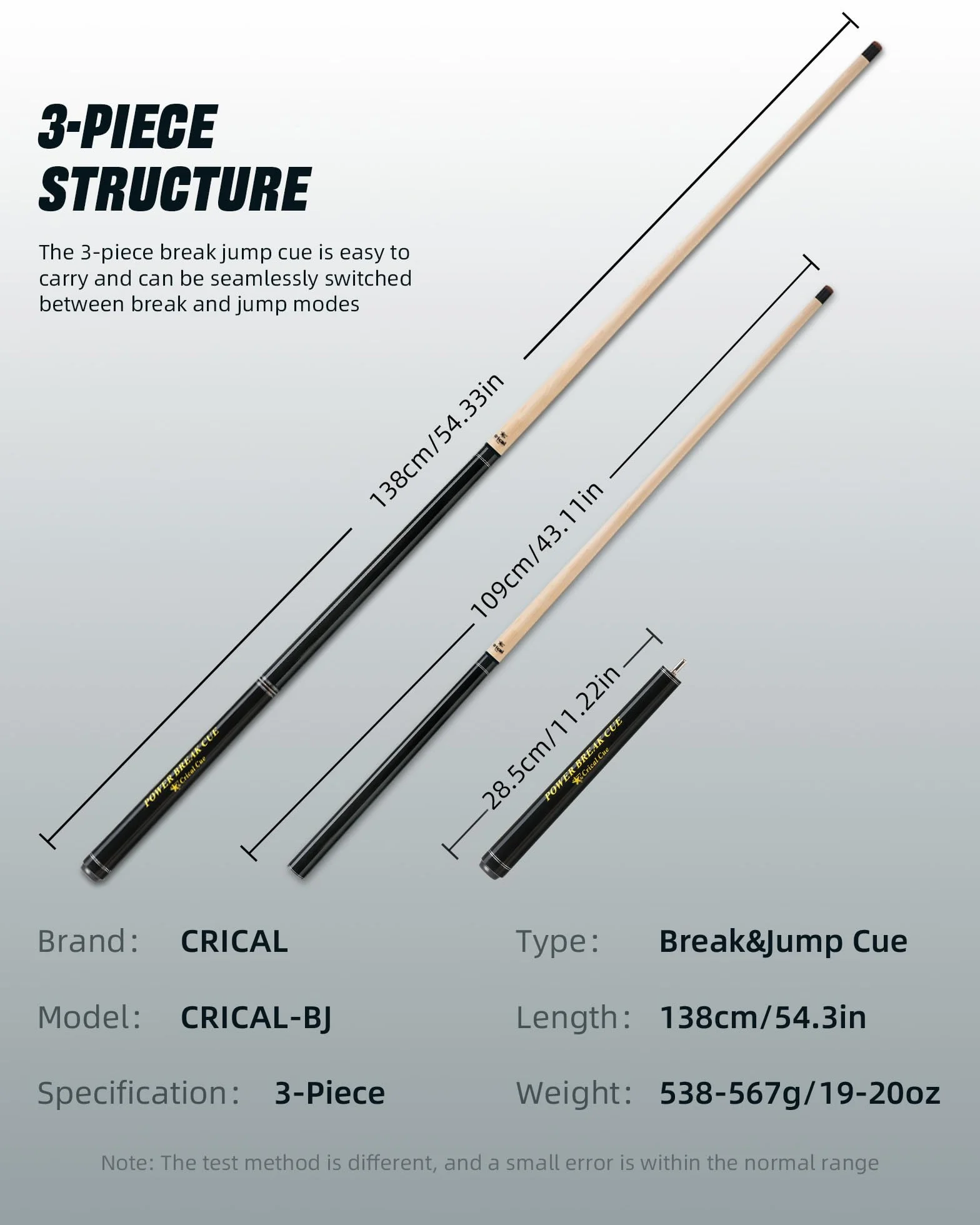 CRICAL Break Jump Stecca da Biliardo 3 Pezzi Punta 13,5 mm Albero in Acero Canadese