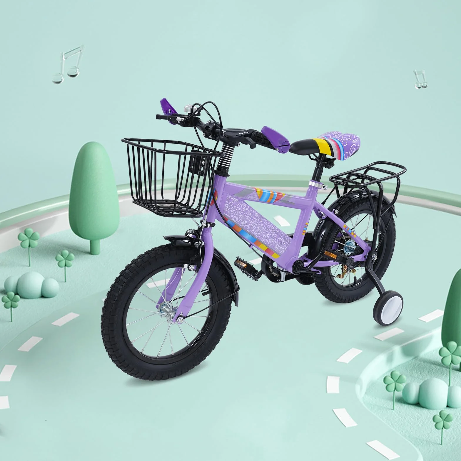 Bicicletta per bambini 14 pollici con rotelle e cestino regolabile