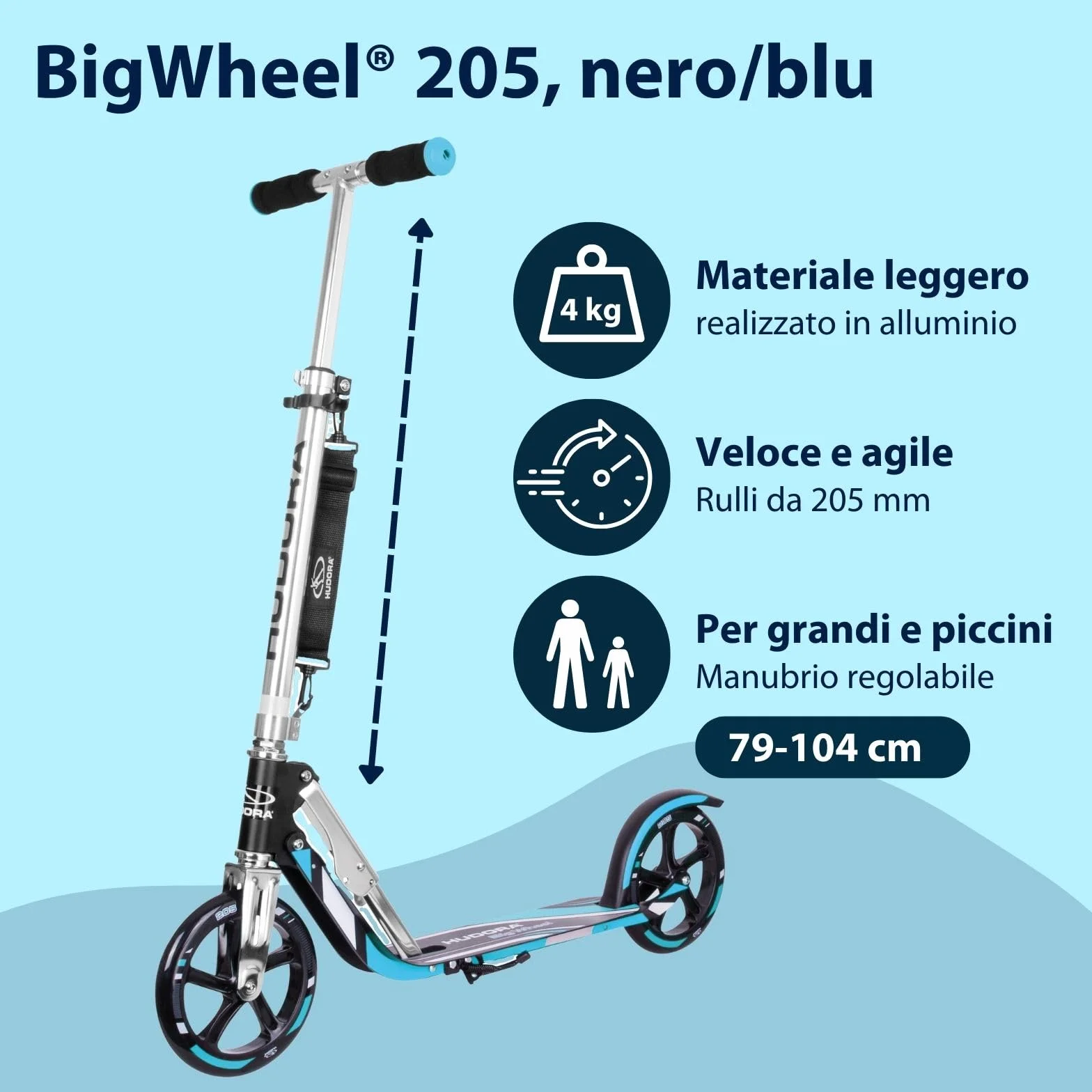 HUDORA Monopattino BigWheel 205 – Pieghevole Regolabile Alluminio per Bambini e Adulti 100 kg Nero/Blu