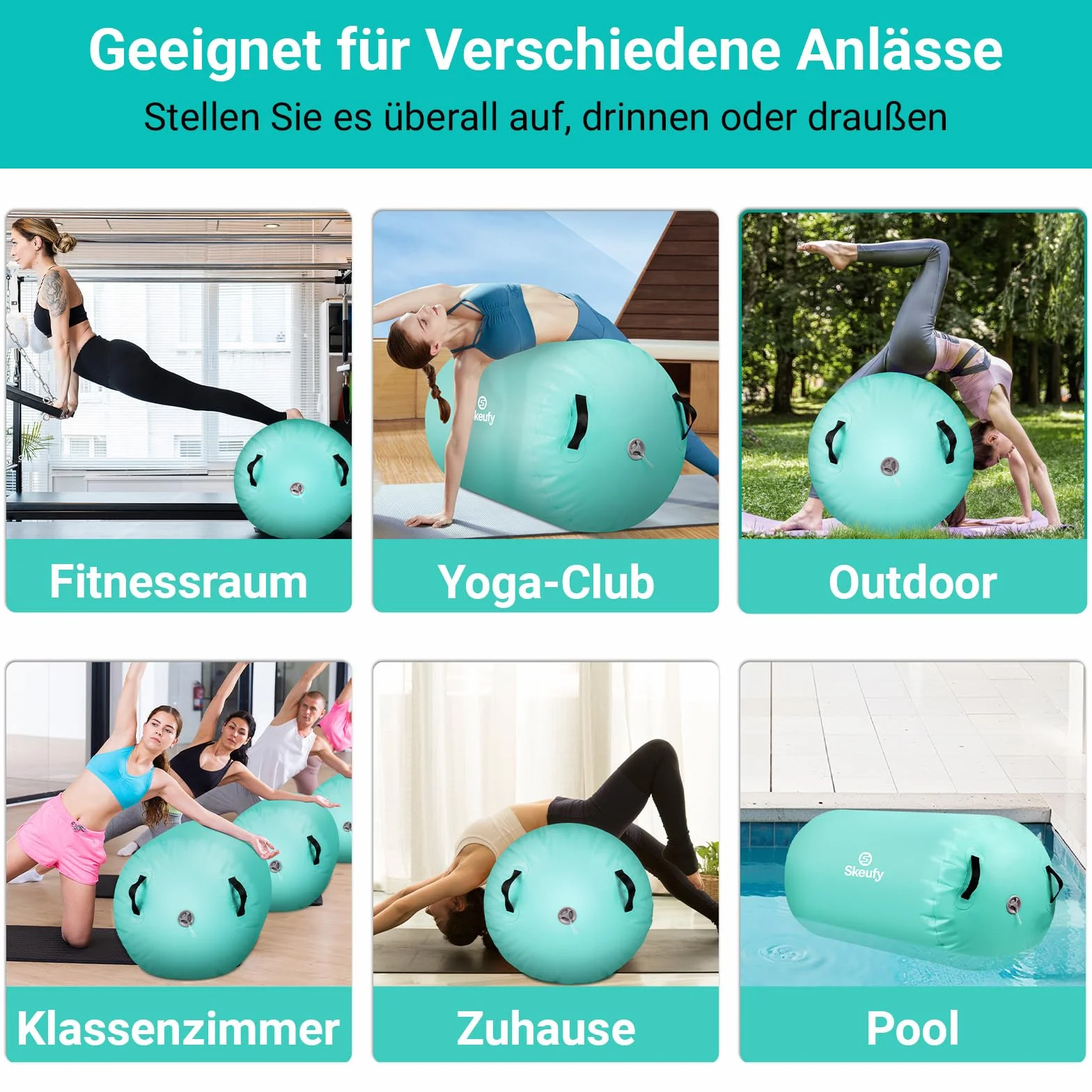 Skeufy Airtrack - Rotelle gonfiabili, cilindri per yoga, ginnastica, palestra, Air Barrel, colonna d'aria, tappetino sportivo per casa, attività all'aperto, fitness, verde, 100 x 60 cm