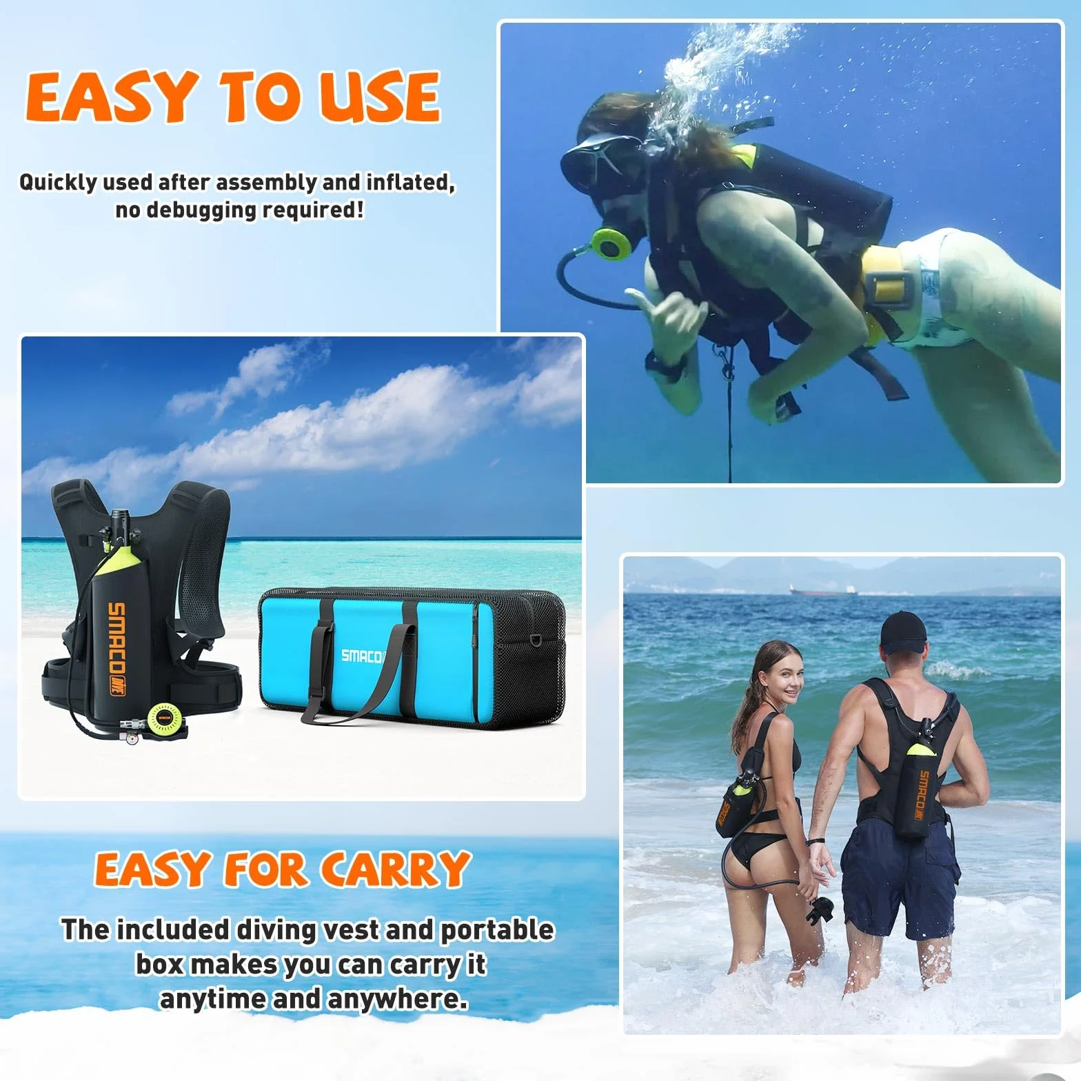 SMACO S700Plus Mini Bombola da Sub 2L Portatile per Immersioni in Acque Basse