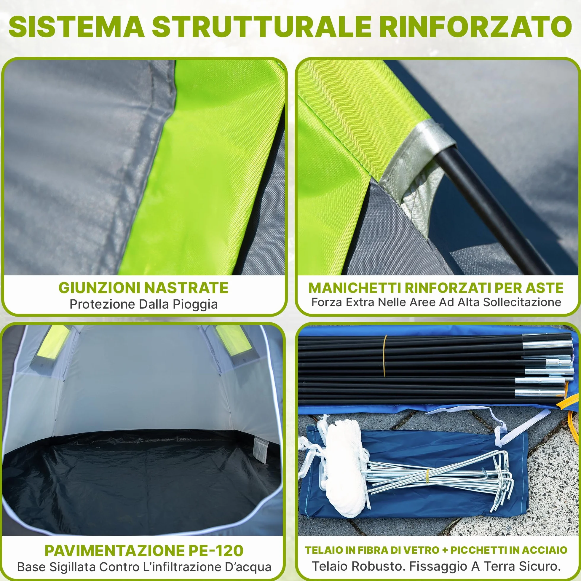 Tenda da Campeggio 4 Posti Impermeabile 3000 mm Doppio Tetto Vestibolo Ampio 2 Ingressi Zanzariera Poliestere 190T Telaio Fibra di Vetro 4,1 kg