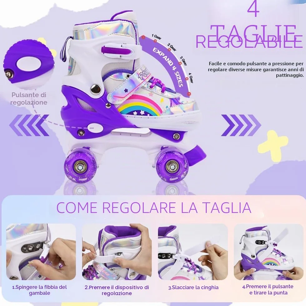Pattini a rotelle per bambini ragazze ragazzi principianti, 4 misure regolabili per bambina e bambino con ruote luminose, pattini a rotelle Viola Arcobaleno per lo sport