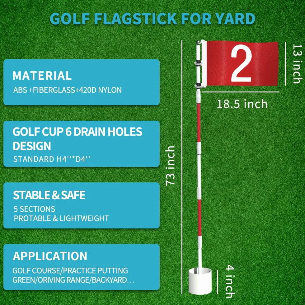 THIODOON 2 Pezzi Asta da Golf Bandierina da Golf da 1,8 m e Coppa per Yard Pro Coppa da Golf Staccabile e Bandiera per Aggiornamento Campo Pratica Fibra di Vetro Antiruggine a 5 Sezioni con Connettori