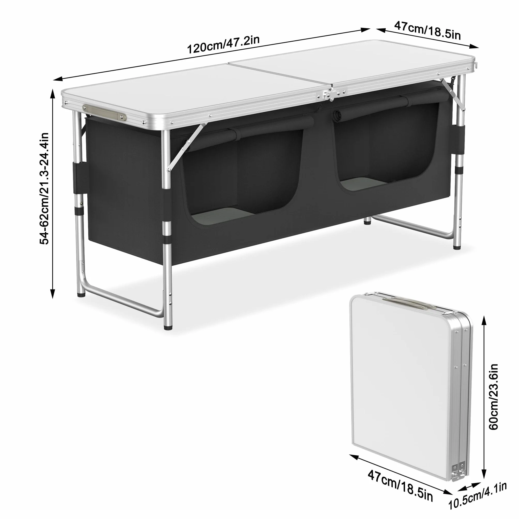 Cucina da campeggio in alluminio leggero pieghevole 120x47x62 cm con piano di lavoro e borsa trasporto