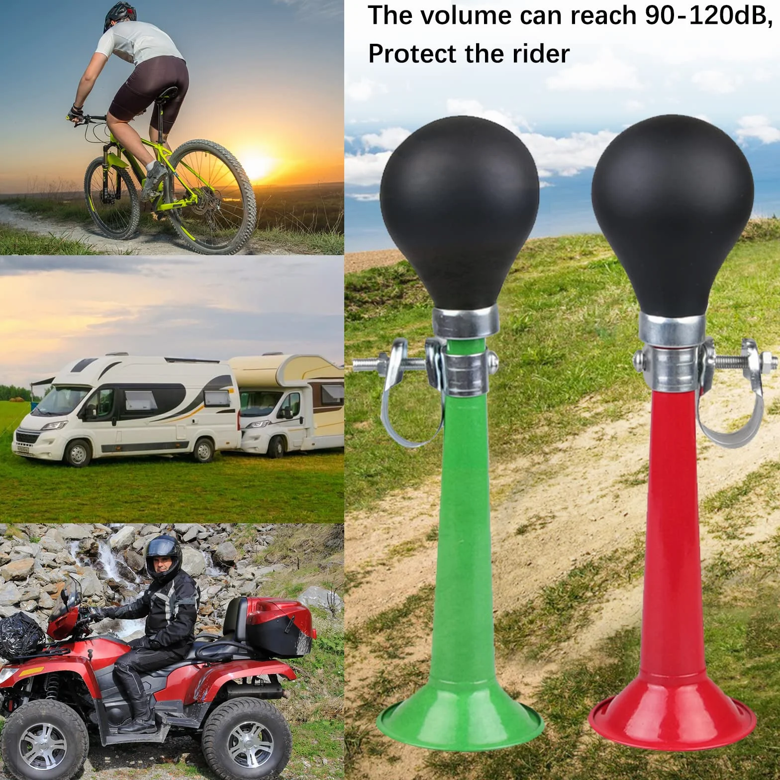 Clacson ad Aria per Bicicletta in Metallo 2 Pezzi Verde+Rosso con Morsetto Regolabile