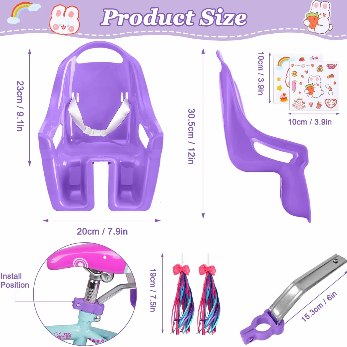 Seggiolino per Bicicletta per Bambole con Adesivi Fai da Te e Manubrio Stelle Filanti, Accessorio Bicicletta per Bambini