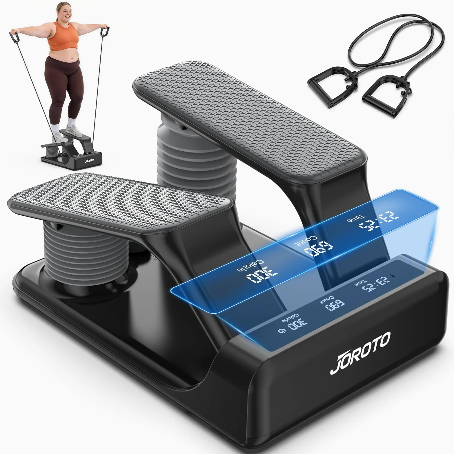 JOROTO Stepper ad Aria per Casa, Mini Stepper con Intensità Regolabile su 5 Livelli + Fasce, 300 LBS/136 KG, Silenzioso, Display LED Ricaricabile, per Appartamento & Home Gym