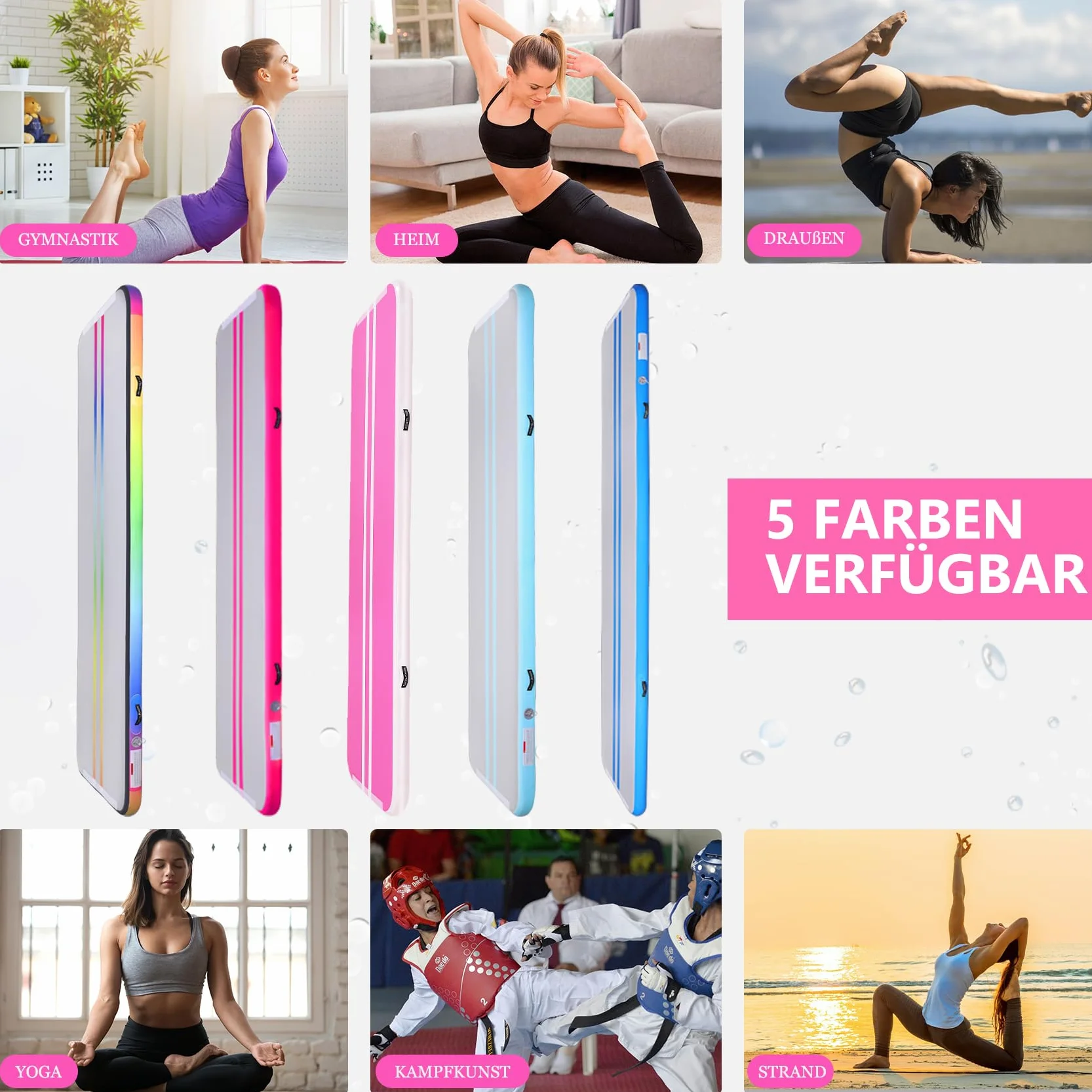 Tappetino da ginnastica gonfiabile, 3 m/4 m/5 m, con pompa ad aria, altezza 10 cm, per yoga, altalene, allenamento
