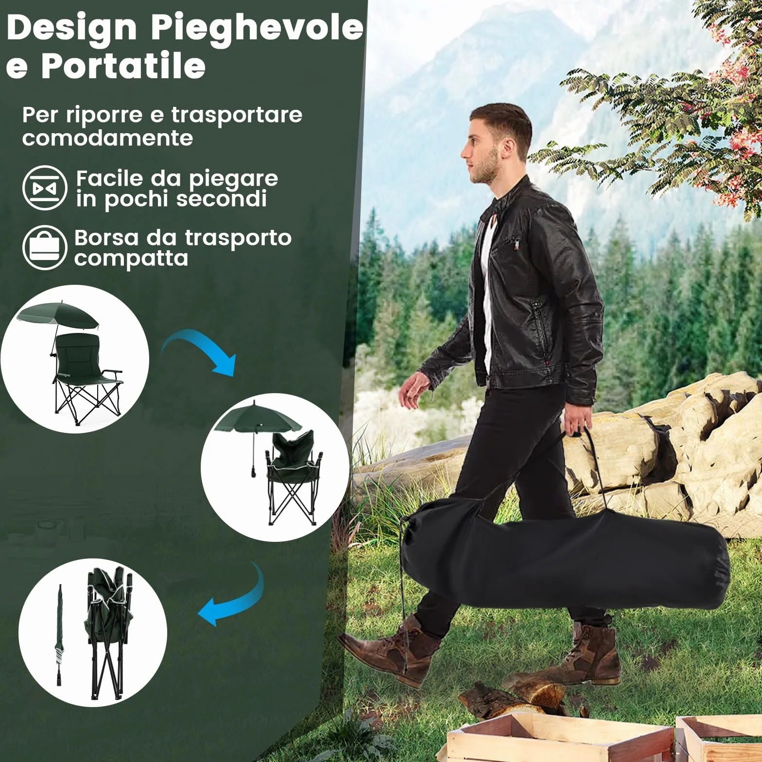 COSTWAY Sedia da Campeggio con Ombrello Regolabile, Portata 160 kg