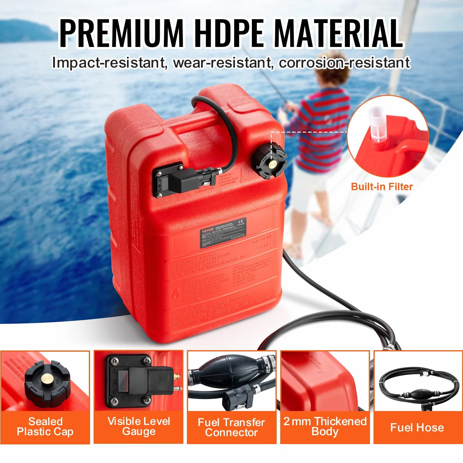VEVOR Serbatoio Carburante Marino 24 L Portatile per Barche Fuoribordo Plastica Rosso
