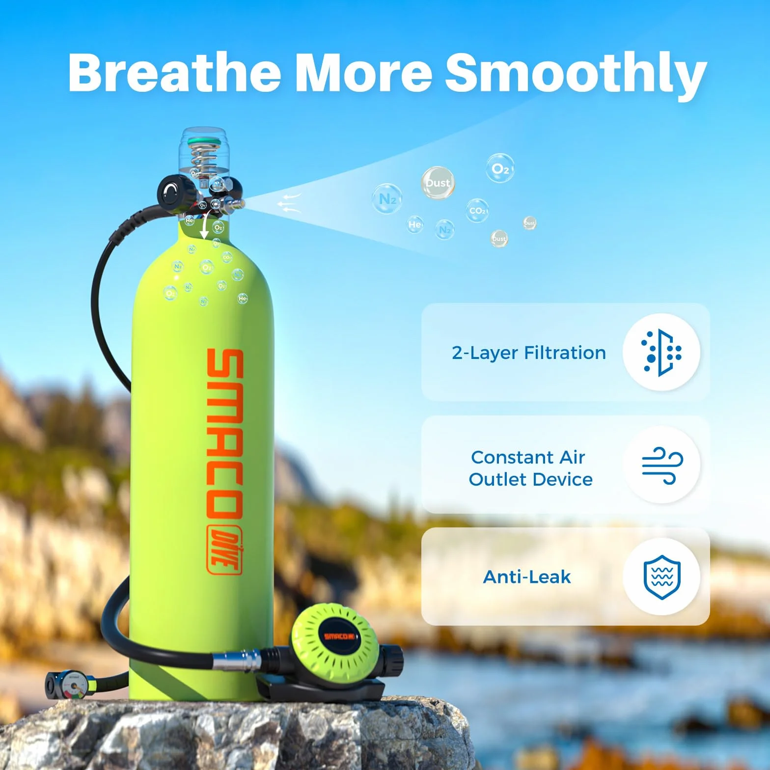 SMACO S700 Plus Mini Bombola Subacquea 2L Sub Scuba Tank Emergenza Aria Riserva