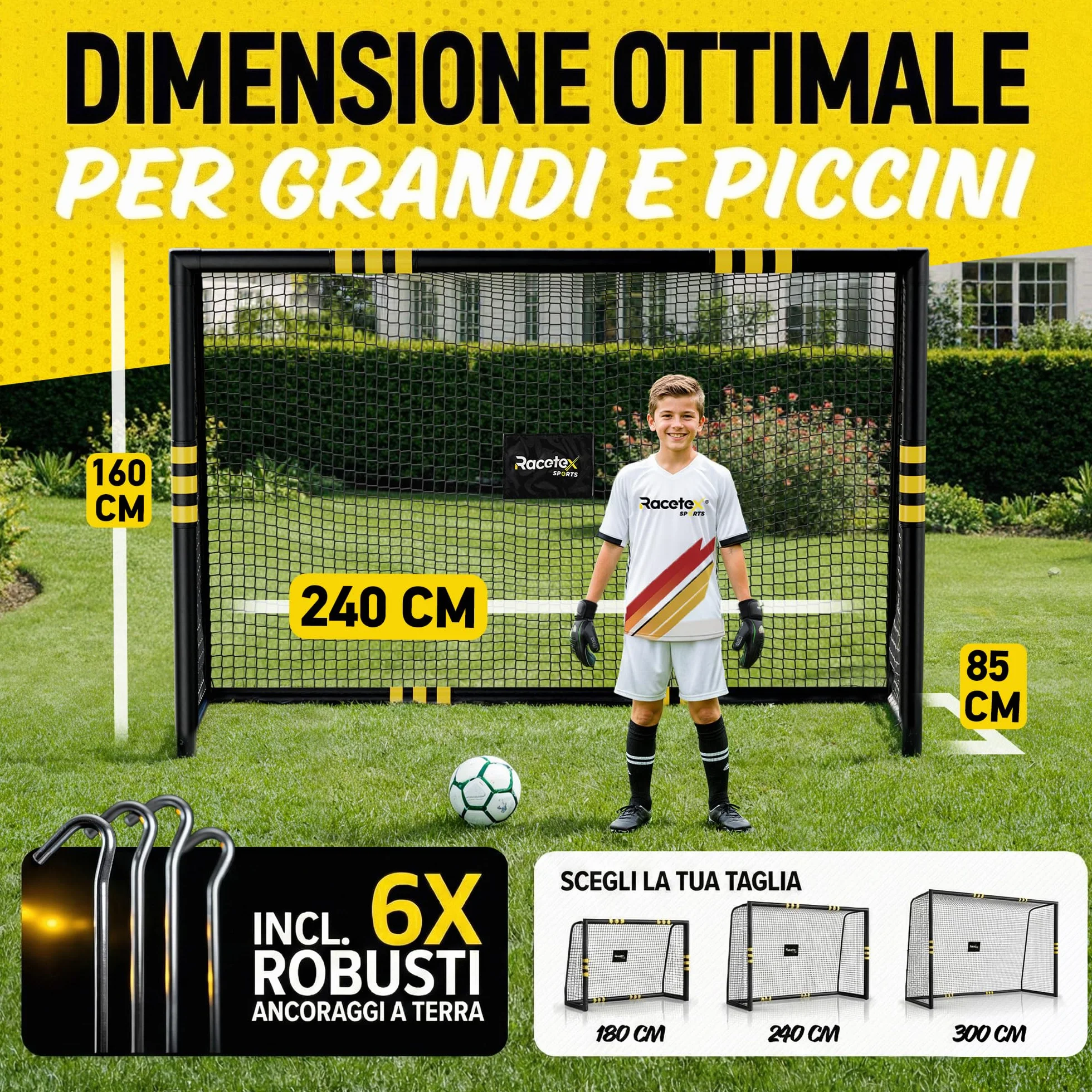 Racetex Porta Calcio Professionale con Imbottitura per Bambini e Adulti - Grandi Porte da Calcio con Picchetti