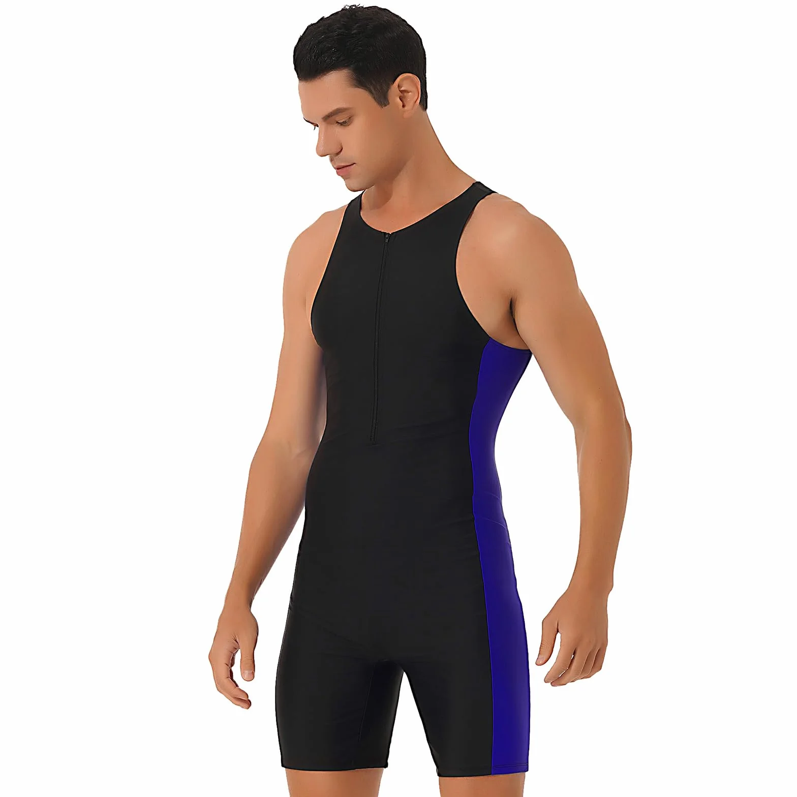 Costume da Bagno Uomo Intero Scollo Tondo Senza Maniche Pantaloncini Laterali Muta Triathlon Spiaggia Piscina Nuoto
