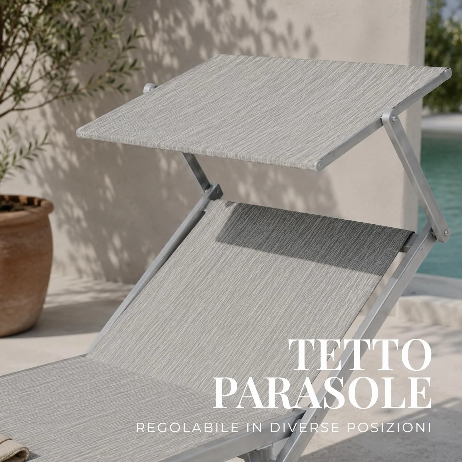 PALUPLUS Lettino Prendisole Professionale in Alluminio, Misura 186x61x40 cm, Tessuto Textilene, con Tetto Parasole e Schienale Regolabile, per Spiaggia, Lido, Piscina, Portata 150Kg -8441F (Grigio)