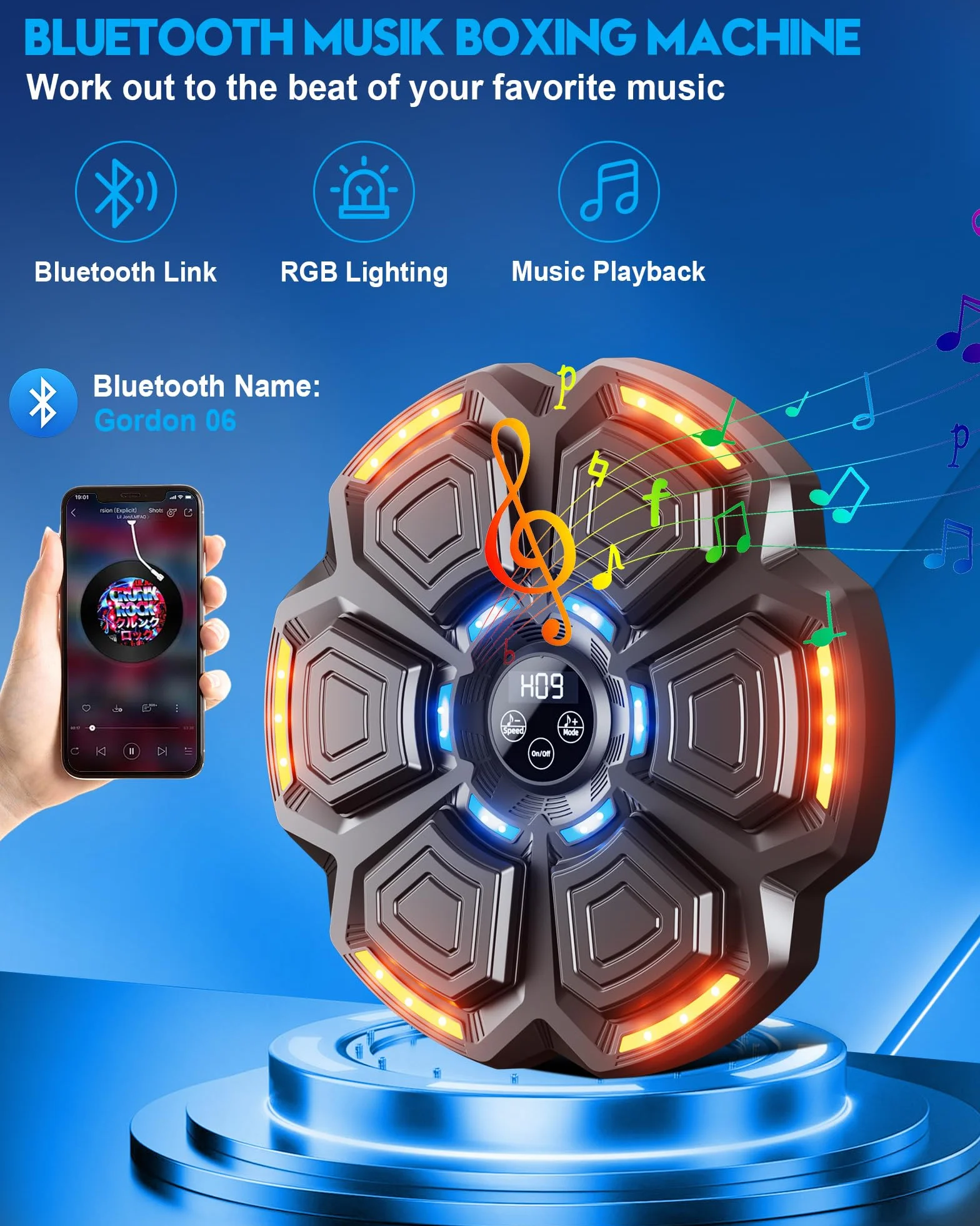 Music Boxing Machine Adulti - 9 modalità di velocità Macchina da Box Musicale Pugile con Guanti da Boxe - LED Parete Tira Pugni con Musica - Bluetooth Boxe Allenamento per Casa