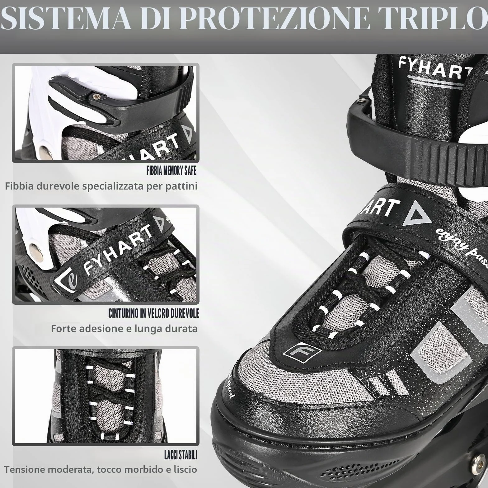 Pattini in linea regolabili per bambini e adulti, a 4 ruote con ruote luminose, Nero Bianco