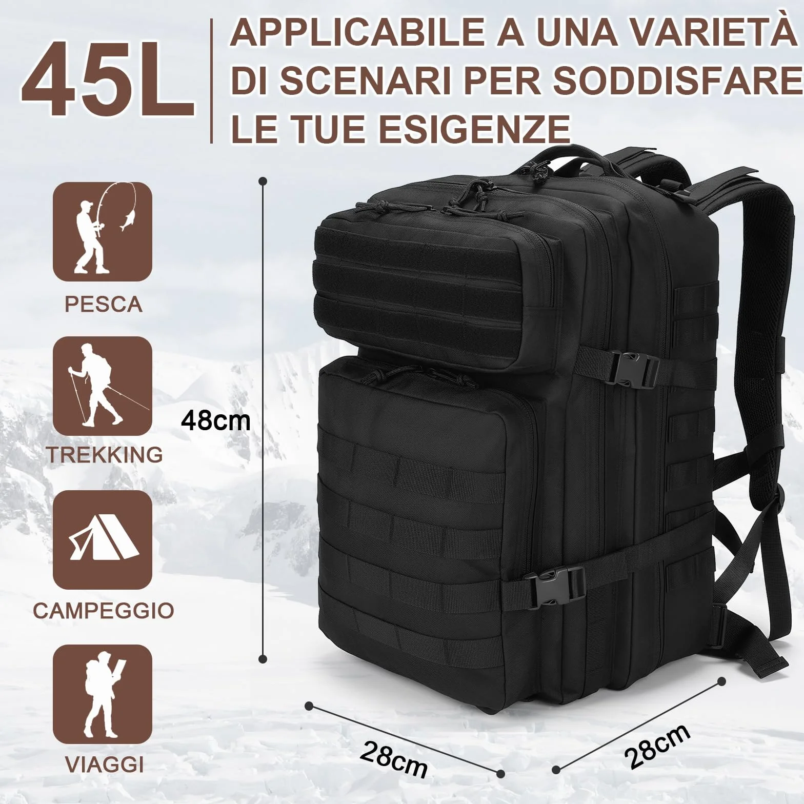 SHANNA Zaino Tattico Militare 45 Litri Impermeabile Grandi Zaini da Hiking Molle per Escursionismo Campeggio Caccia