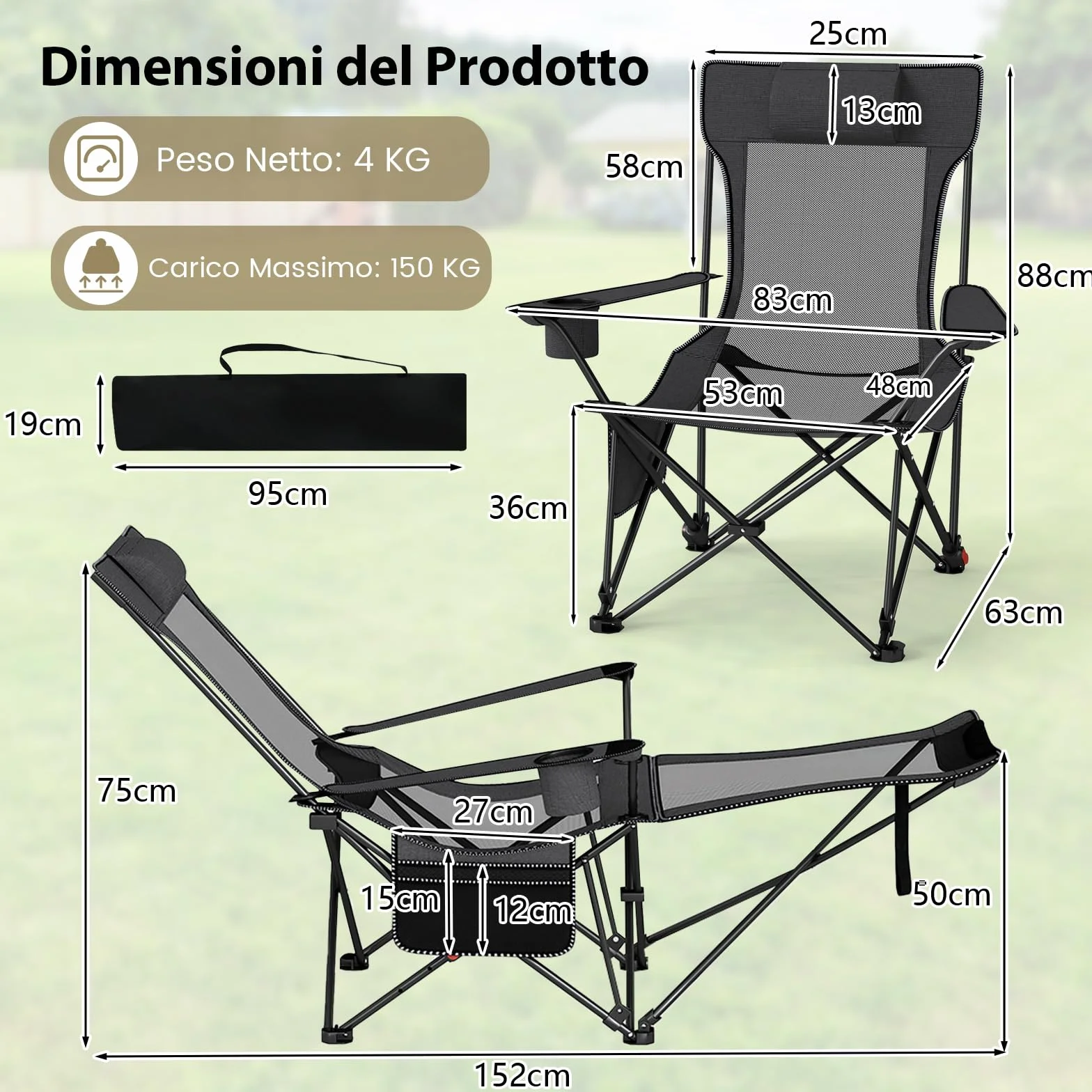 COSTWAY Sedia da Campeggio Pieghevole con Poggiapiedi Rimovibile, Schienale Reclinabile, Portata 150 kg, Tela Oxford Grigio
