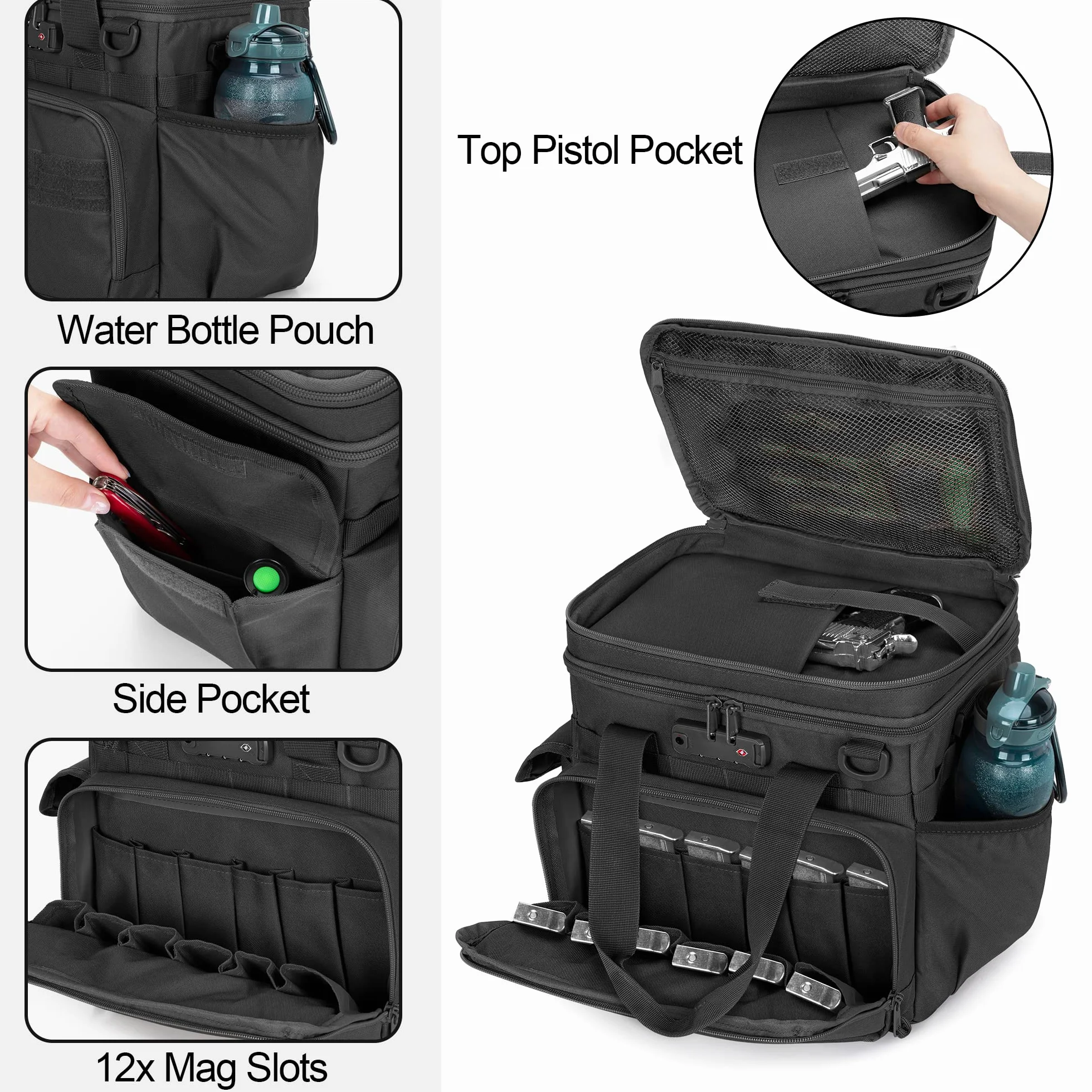 Borsa tattica per tiro GOBUROS con 2 custodie per pistola, lucchetto TSA e 12 scomparti per caricatori