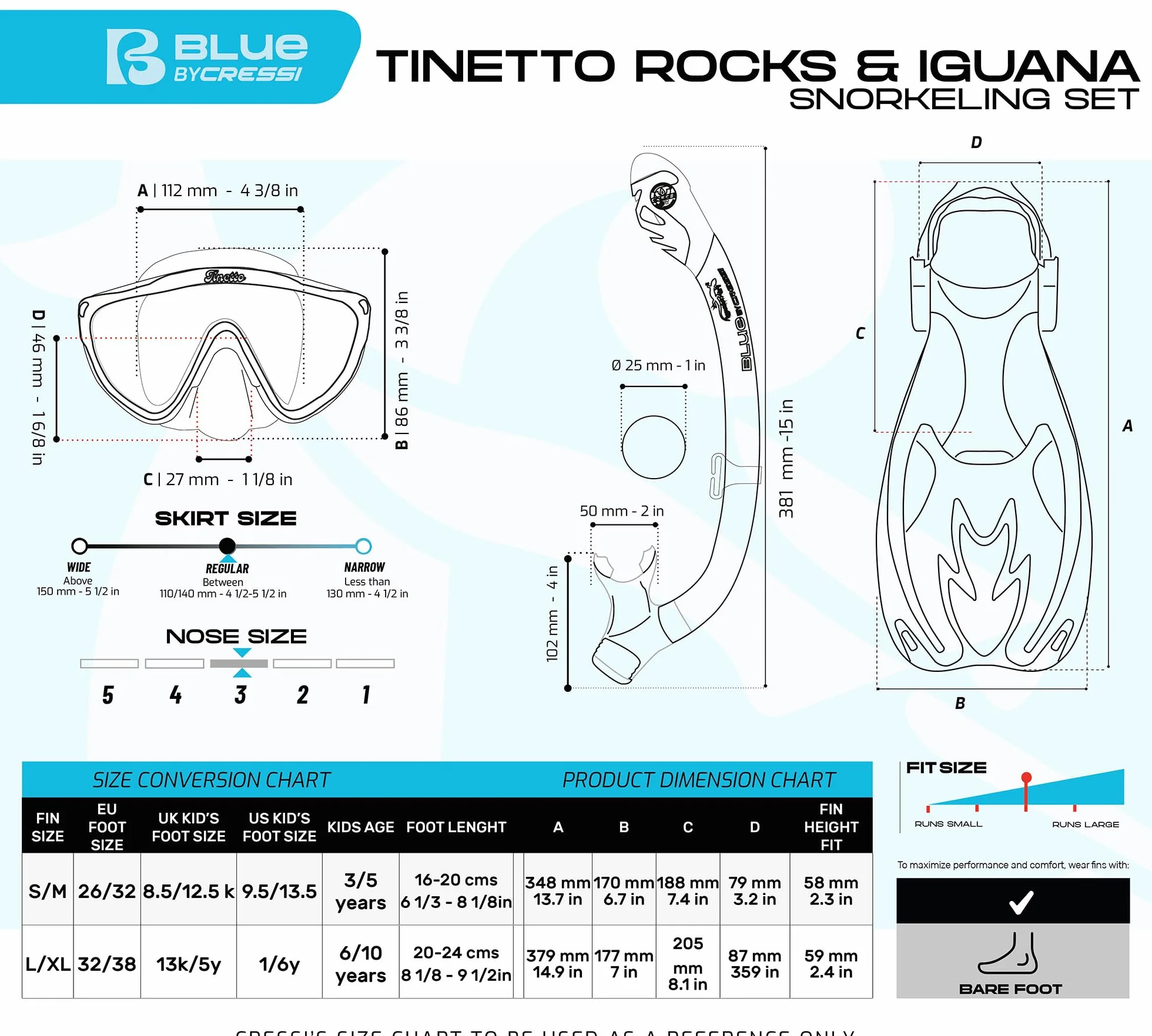 CRESSI Tinetto Rocks Dry Set Snorkeling Pinne Maschera Snorkel Junior