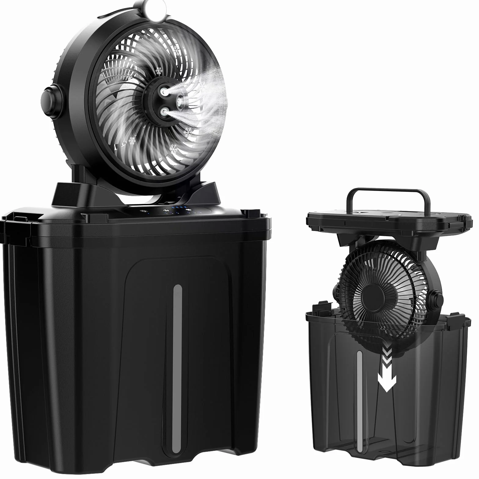 Ventilatore da Campeggio con Secchio da 11 Litri e Luce a LED, 20000mAh Batteria Ricaricabile Ventilatore Nebulizzatore, 3 Velocità, 3 Modalità di Nebulizzazione, Campeggio/Pesca/Viaggi