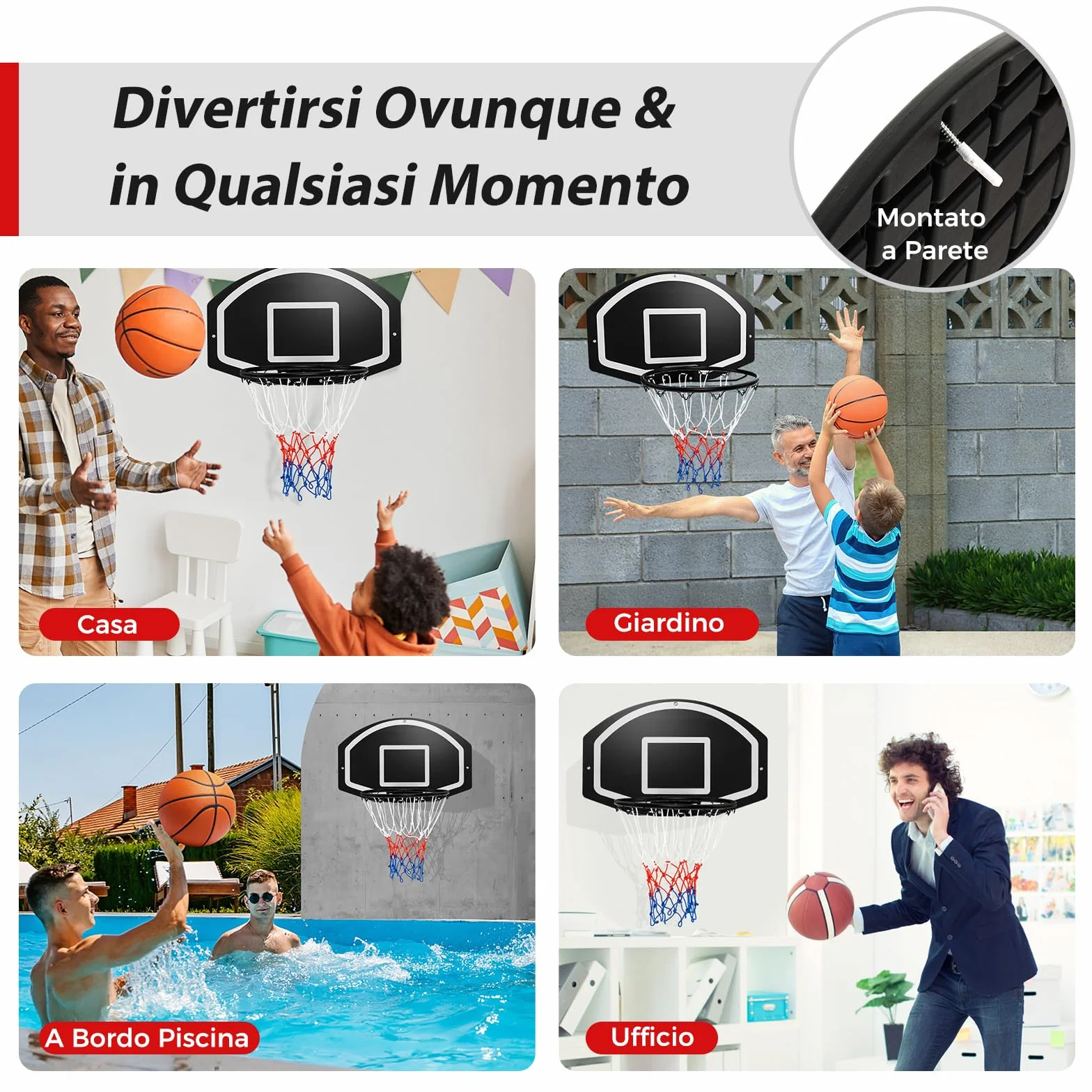 COSTWAY Tabellone Basket da Muro per Bambini e Adulti, Canestro da Parete 72x45,5 cm con Rete Anti-vento