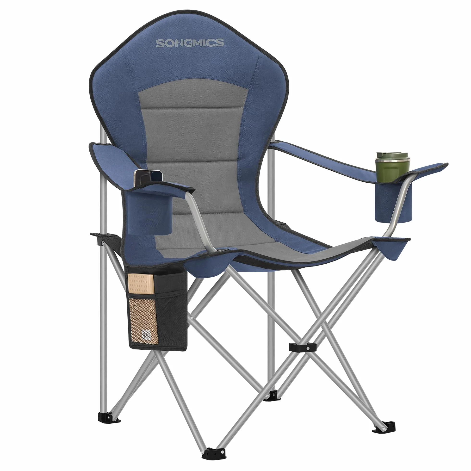 SONGMICS Sedia da Campeggio Pieghevole Portatile Seduta Ampia Schienale Alto Blu Grigio GCB005QE01